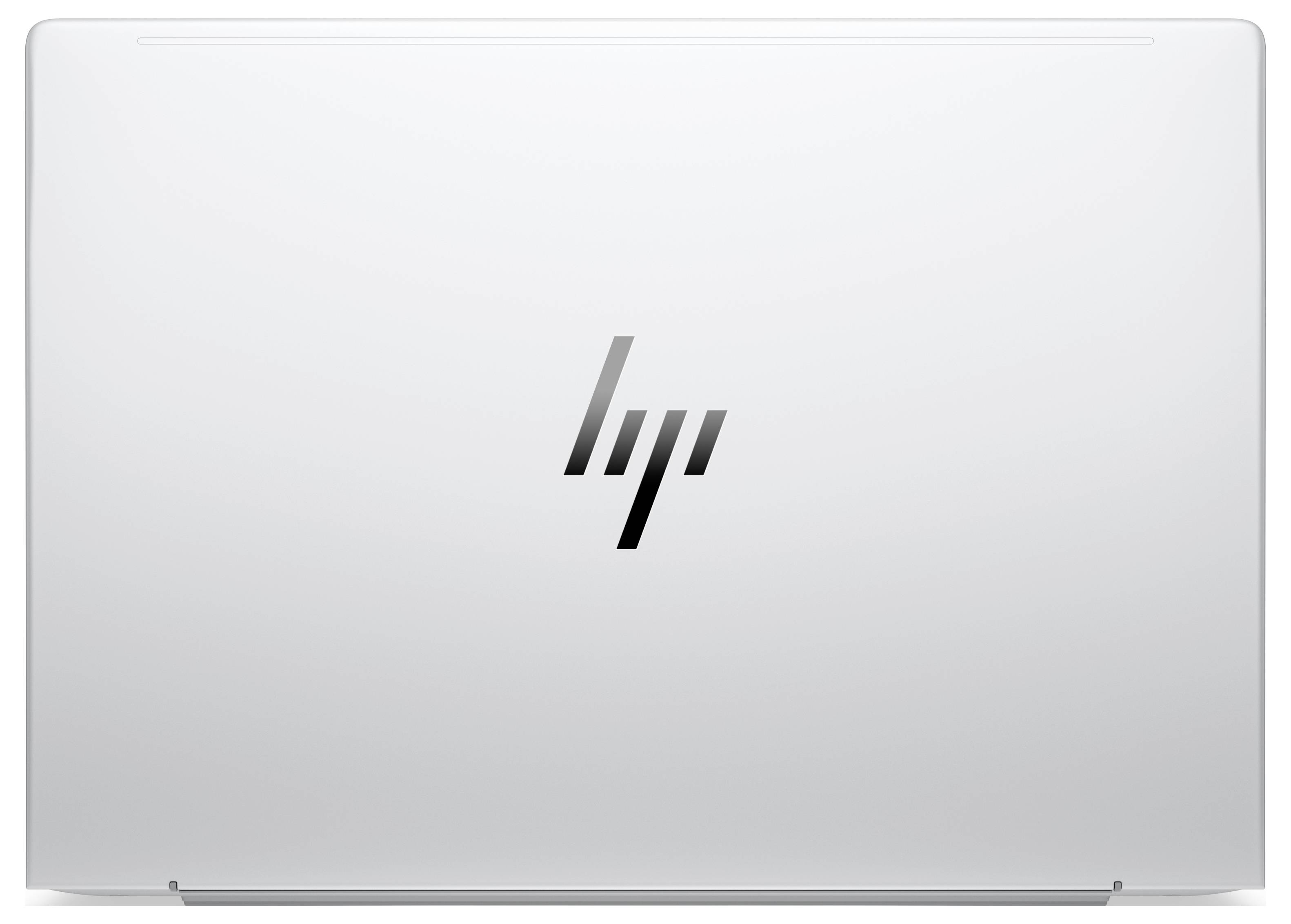 Geschlossenes silbernes HP-Laptop von vorne, zeigt das HP-Logo zentriert auf dem Deckel.