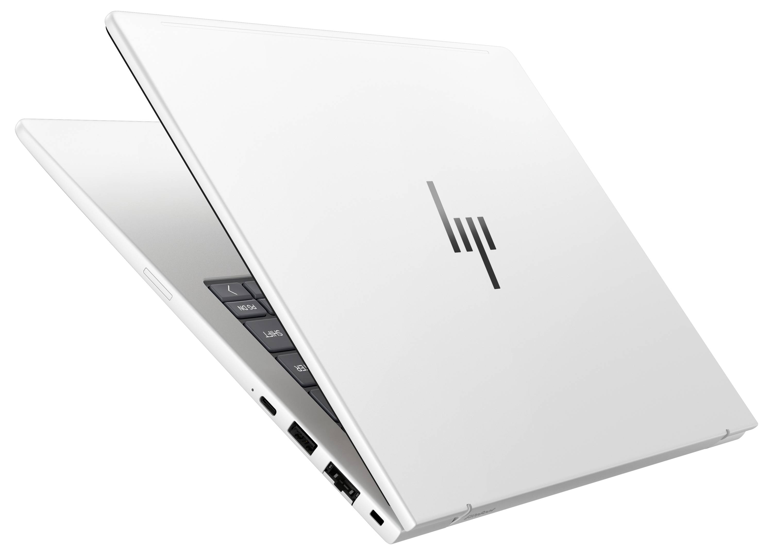 Zwei silberne HP-Laptops übereinander gestapelt, wobei das vordere Gerät das HP-Logo und seitliche Anschlüsse zeigt.