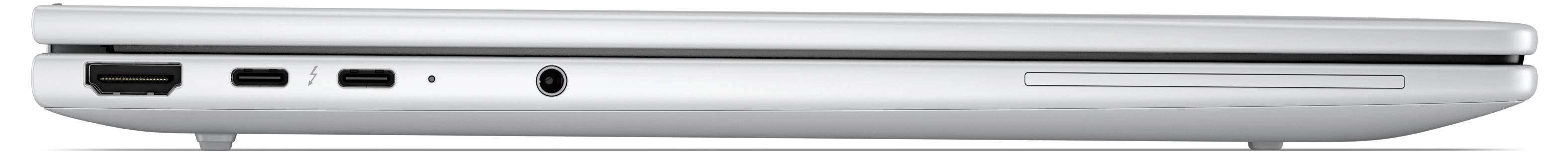 Seitenansicht eines silbernen Laptops mit Anschlüssen an der linken Kante, einschließlich eines USB-Anschlusses, einer Kopfhörerbuchse und anderen Verbindungssteckern.