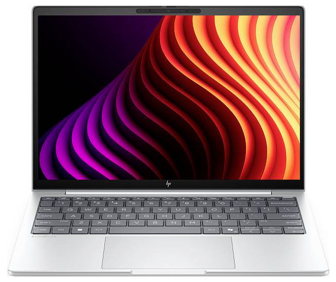 Silberner HP-Laptop offen, zeigt auf dem Bildschirm ein farbenfrohe abstrakte Wellentapete.