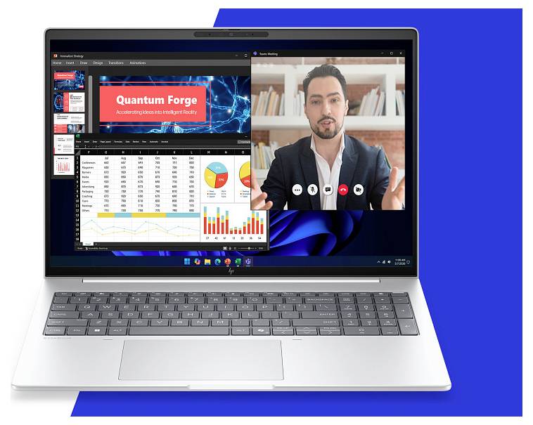 Laptop-Bildschirm mit einem Videoanruf neben einem Business-Dashboard mit dem Titel „Quantum Forge