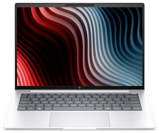 Silberner Laptop mit offenenem Bildschirm, der abstraktes Hintergrundbild mit roten, schwarzen und blauen Wellenmotiven zeigt, frontal fotografiert mit sichtbarer Tastatur und Touchpad.