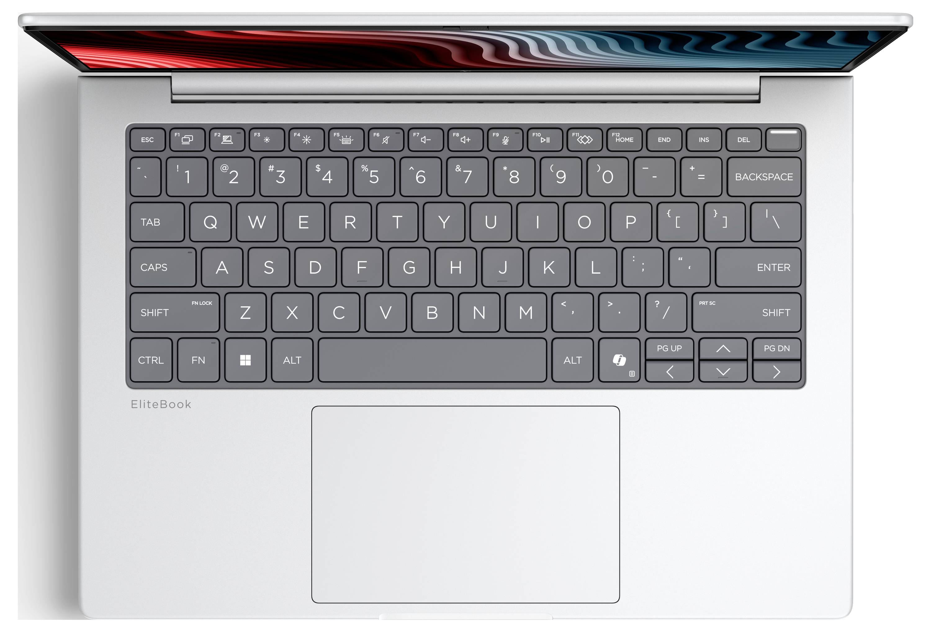 Draufsicht auf eine silberne HP EliteBook-Laptop-Tastatur und ein großes Touchpad, wobei der Bildschirm teilweise geöffnet ist und eine rote und blaue Anzeigerahmenkante zeigt.