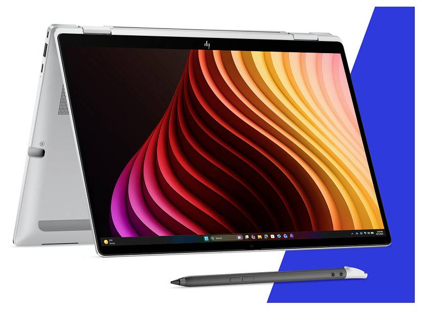 Zwei-in-eins-HP-Laptop im Zeltmodus mit farbenfrohem Bildschirm, dargestellt mit einem Stift auf weißem Hintergrund.