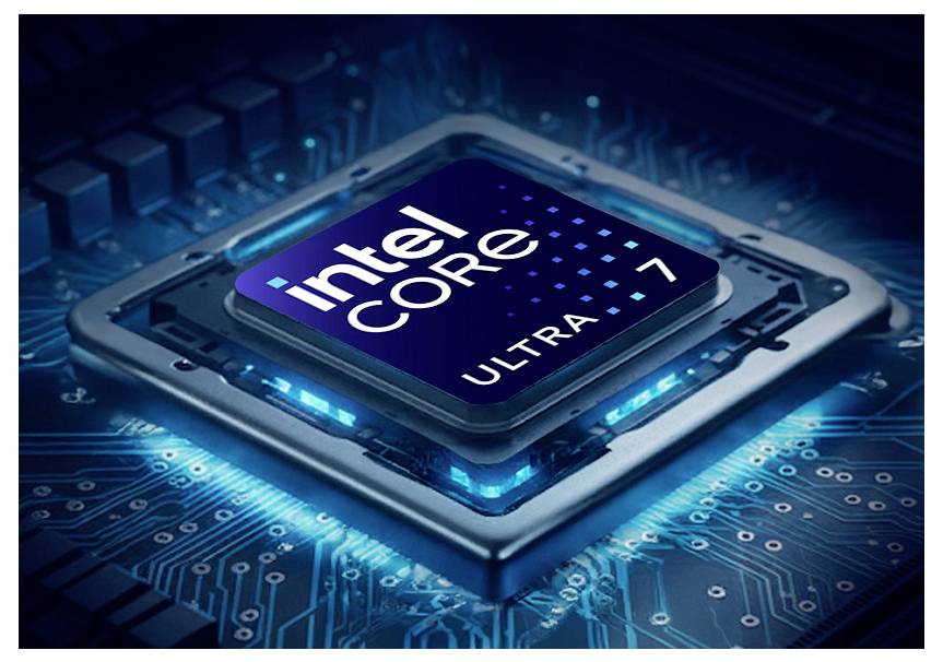 Nahaufnahme eines Intel Core Ultra 7 Prozessor-Chips, der auf einer Leiterplatte blau leuchtet.