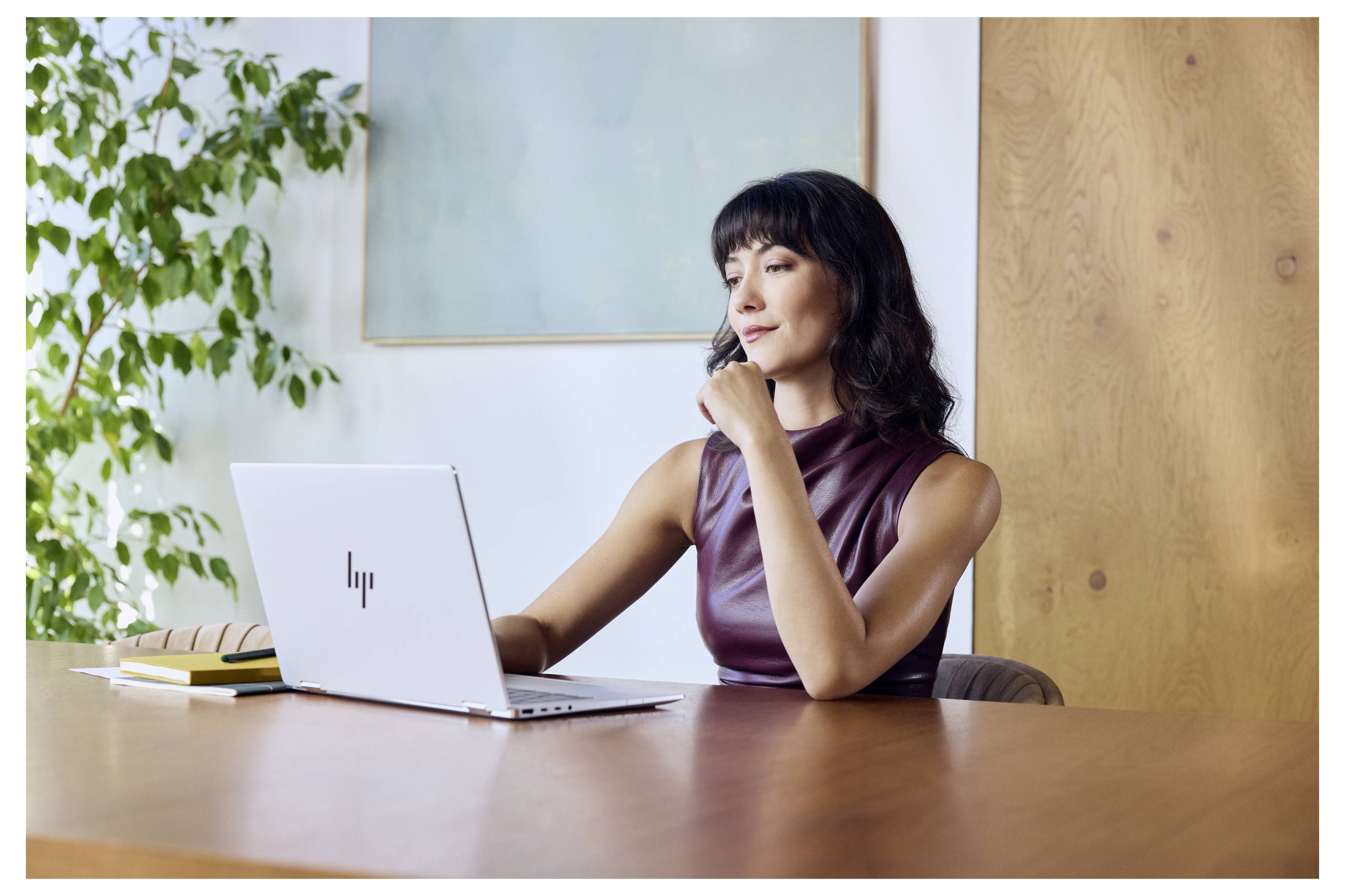 Frau an einem Schreibtisch sitzend, die einen Laptop in einem modernen Büro benutzt, mit Büchern und einer Pflanze in der Nähe.