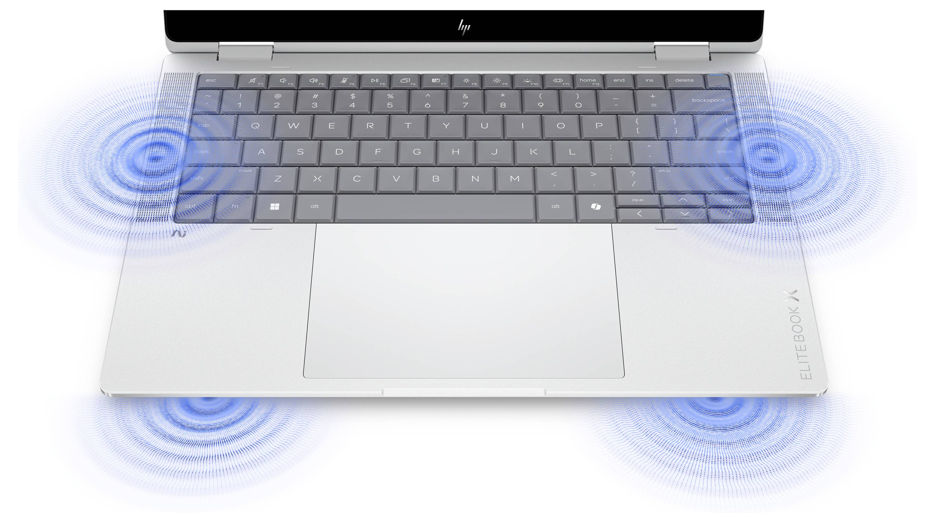 Draufsicht auf einen HP-Laptop mit blauen drahtlosen Signalwellen, die von beiden Seiten ausstrahlen und Wi‑Fi oder Konnektivität suggerieren.