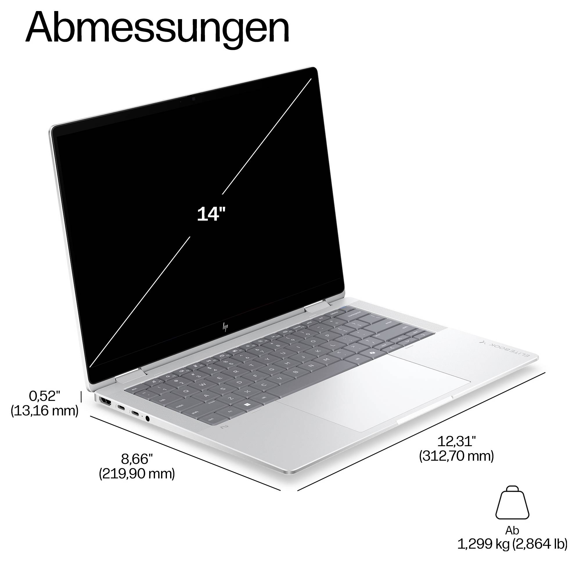 Diagramm eines 14-Zoll-Laptops mit Abmessungen von 12,31 x 8,66 x 0,52 Zoll und einem Gewicht von 1,299 kg.
