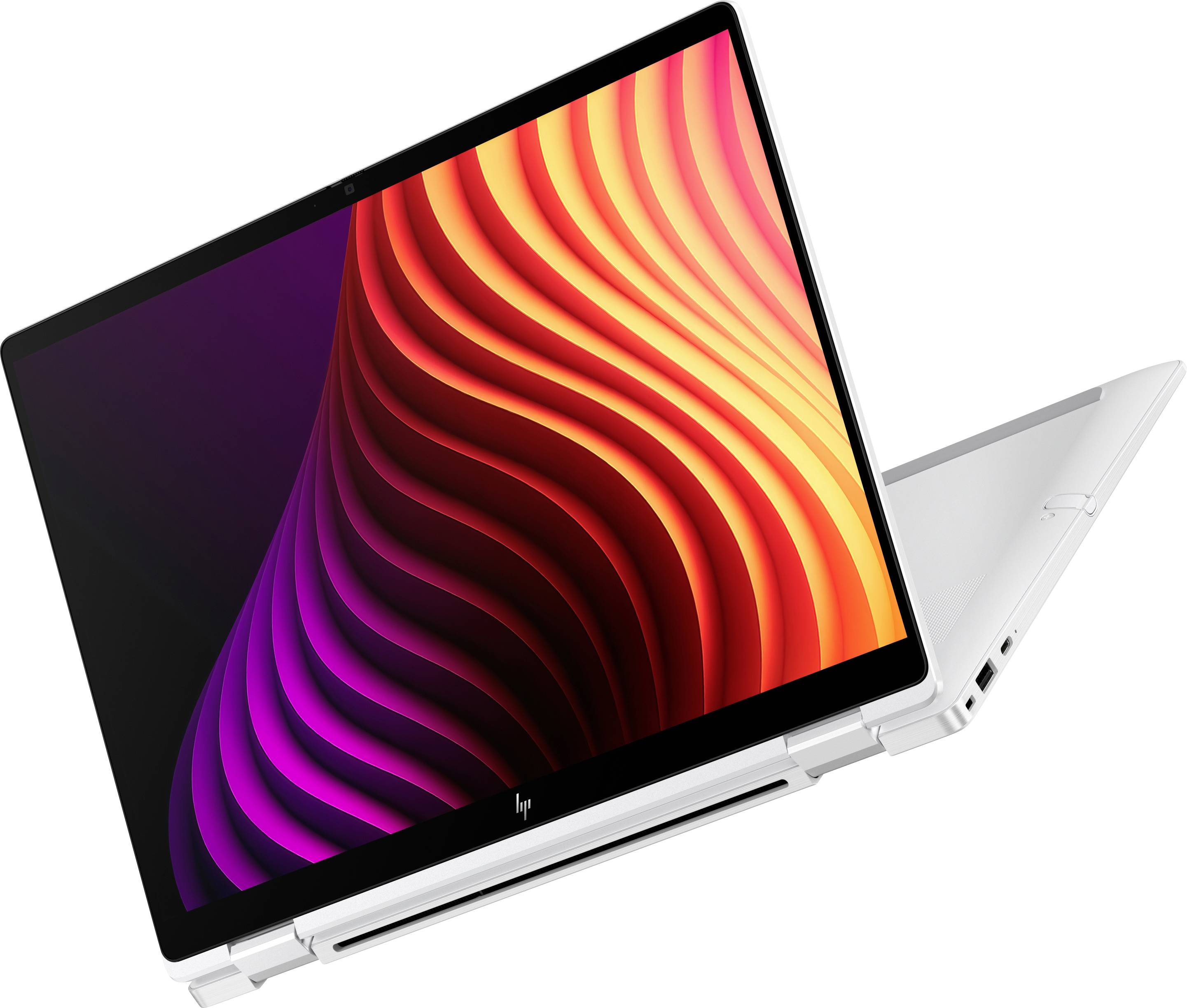 Silberner Convertible-Laptop im Zeltmodus geöffnet, mit buntem abstraktem Wellenhintergrundbild auf dem Bildschirm.
