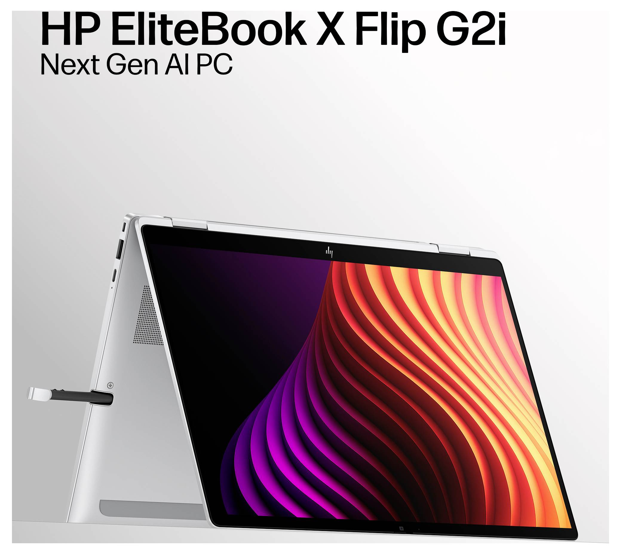 HP EliteBook X Flip G2i Laptop im Zeltmodus mit Stylus, beschriftet mit „Next Gen AI PC