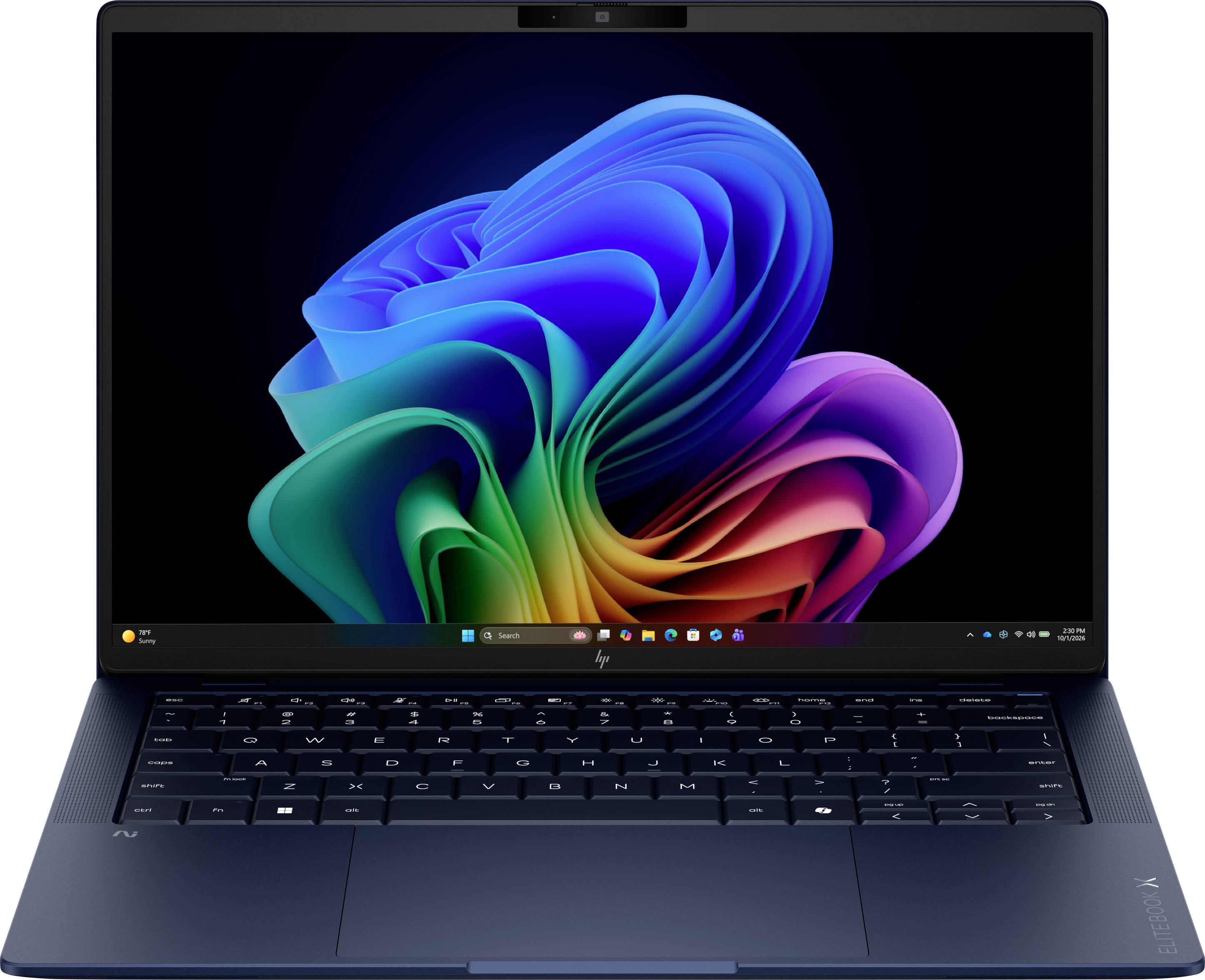 Ein dunkelblauer HP-Laptop, der geöffnet ist und ein buntes abstraktes Windows-ähnliches Hintergrundbild auf dem Bildschirm anzeigt.