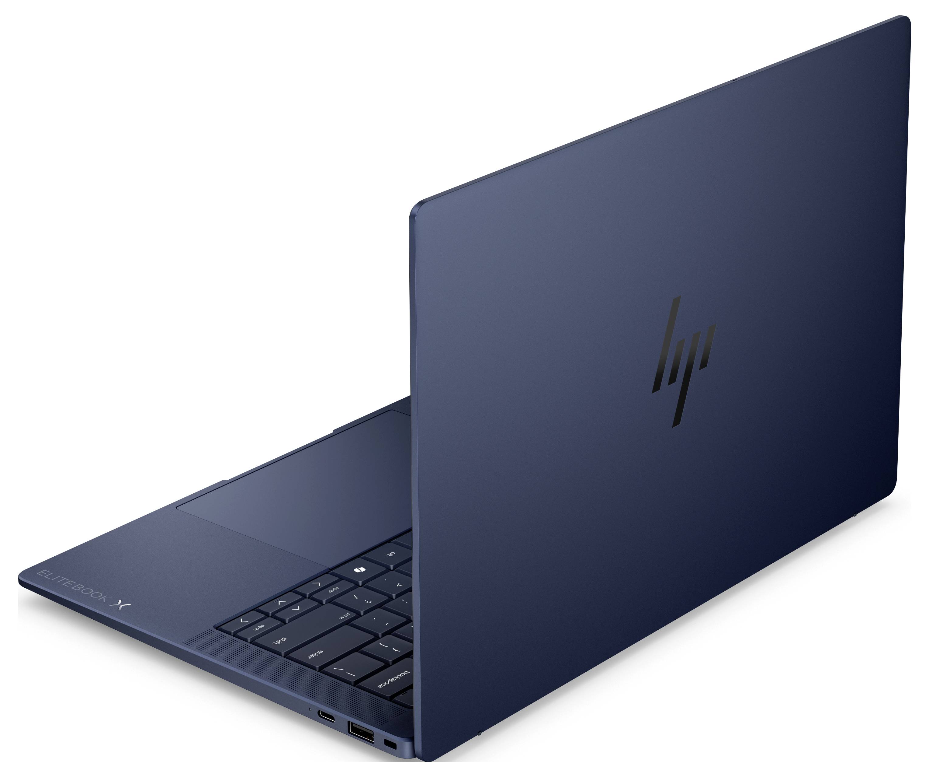 Offener blauer HP-Laptop, teilweise geschlossen auf weißem Hintergrund gezeigt, mit sichtbarer Tastatur und HP-Logo auf dem Deckel.