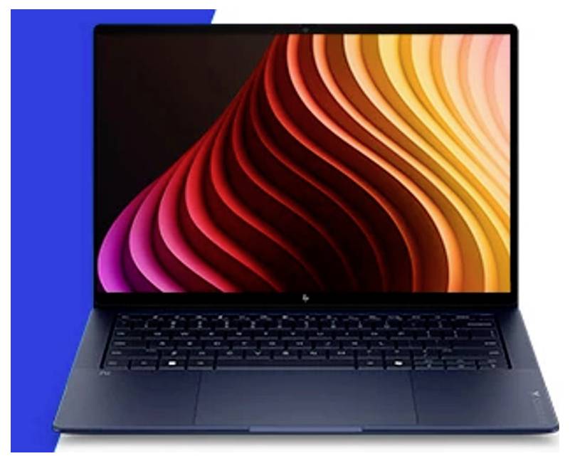 Ein dunkelblauer Laptop, der auf blauem Hintergrund offen ist und zeigt eine bunte abstrakte Wellen-Hintergrundgrafik auf dem Bildschirm.
