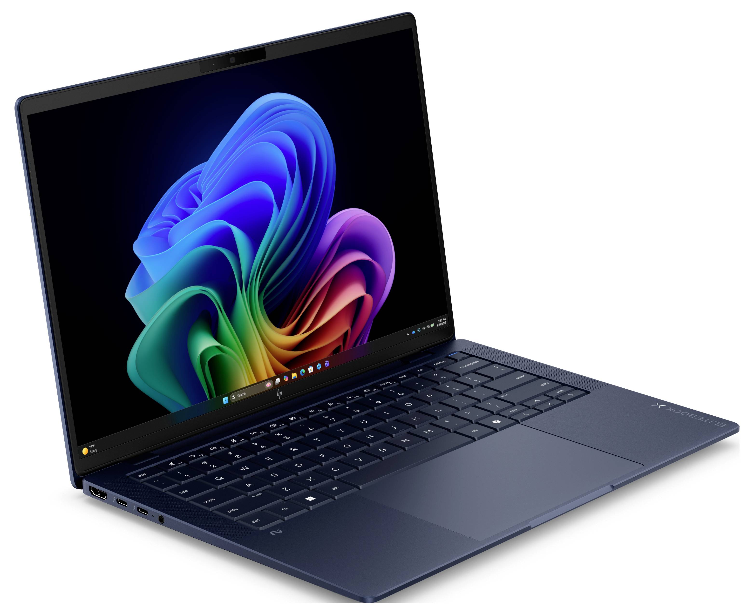 Offener Laptop mit farbenfrohem abstraktem Windows-ähnlichem Hintergrund auf einem dunklen Bildschirm.