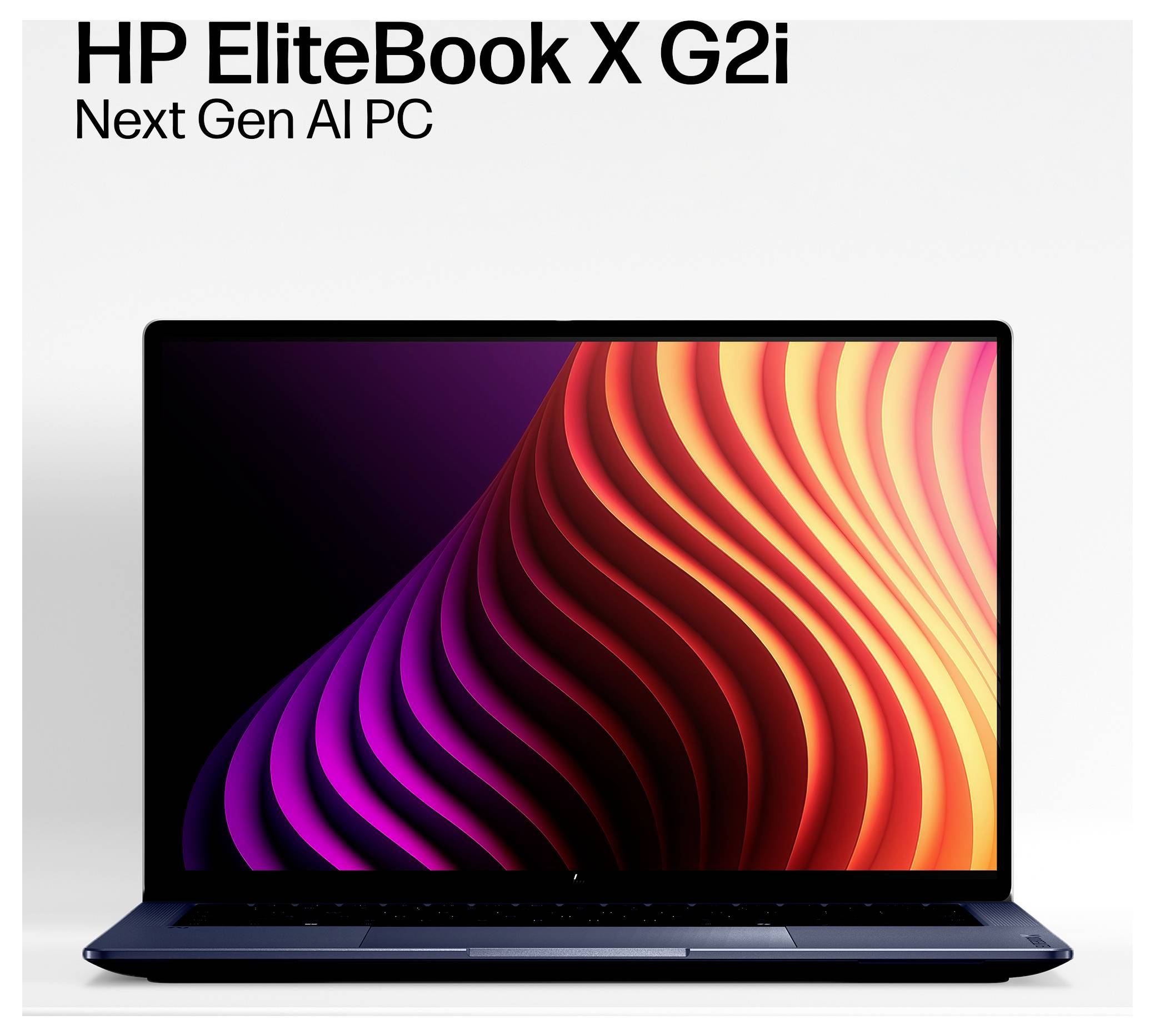 HP EliteBook X G2i Laptop in Vorderansicht mit farbenfrohem abstraktem Display; Text lautet „HP EliteBook X G2i" und „Next Gen AI PC".