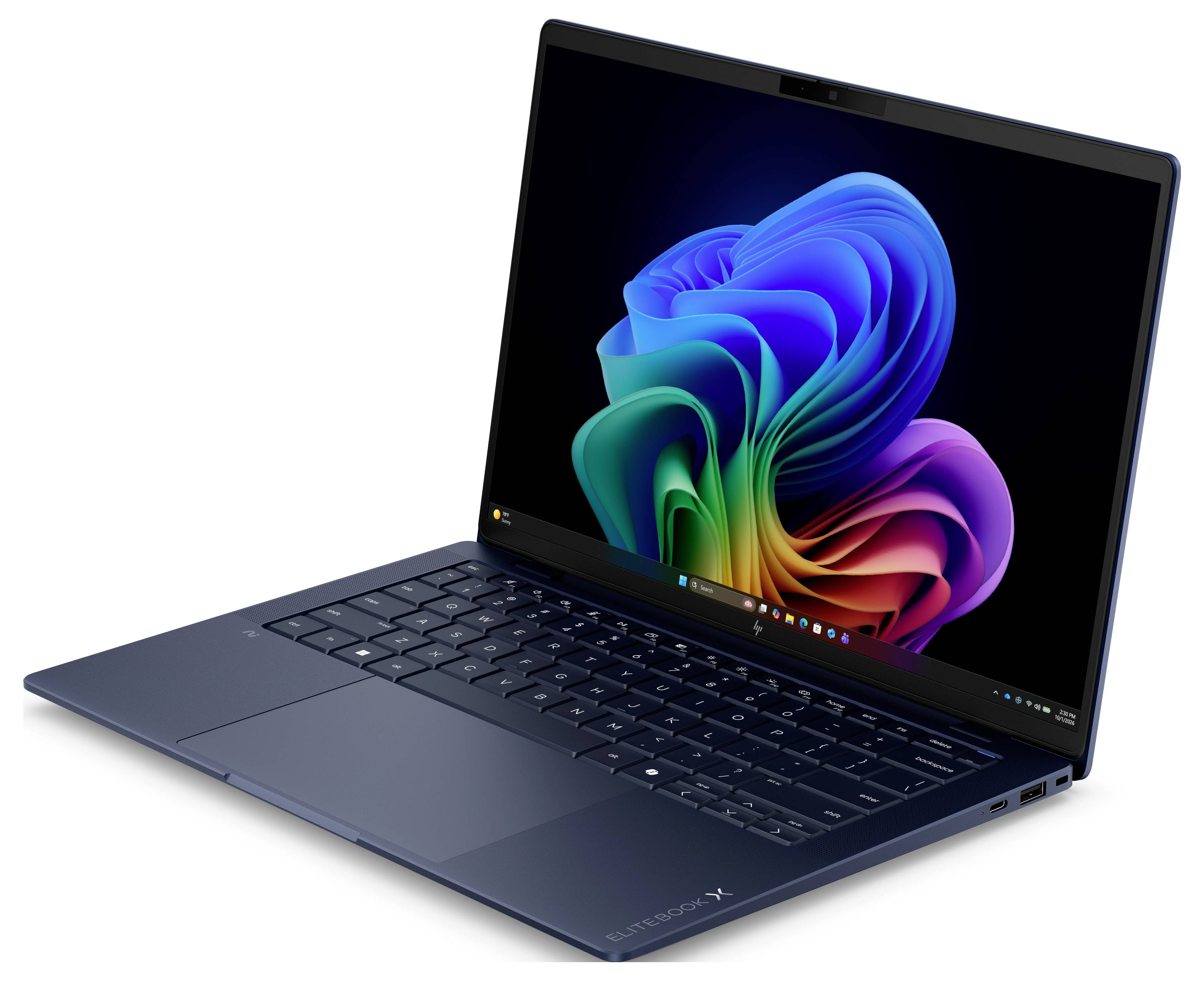 Blauer Laptop, der in einem Winkel geöffnet angezeigt wird und zeigt ein farbenfrohes, abstraktes Windows-artiges Wirbel-Hintergrundbild auf dem Bildschirm.