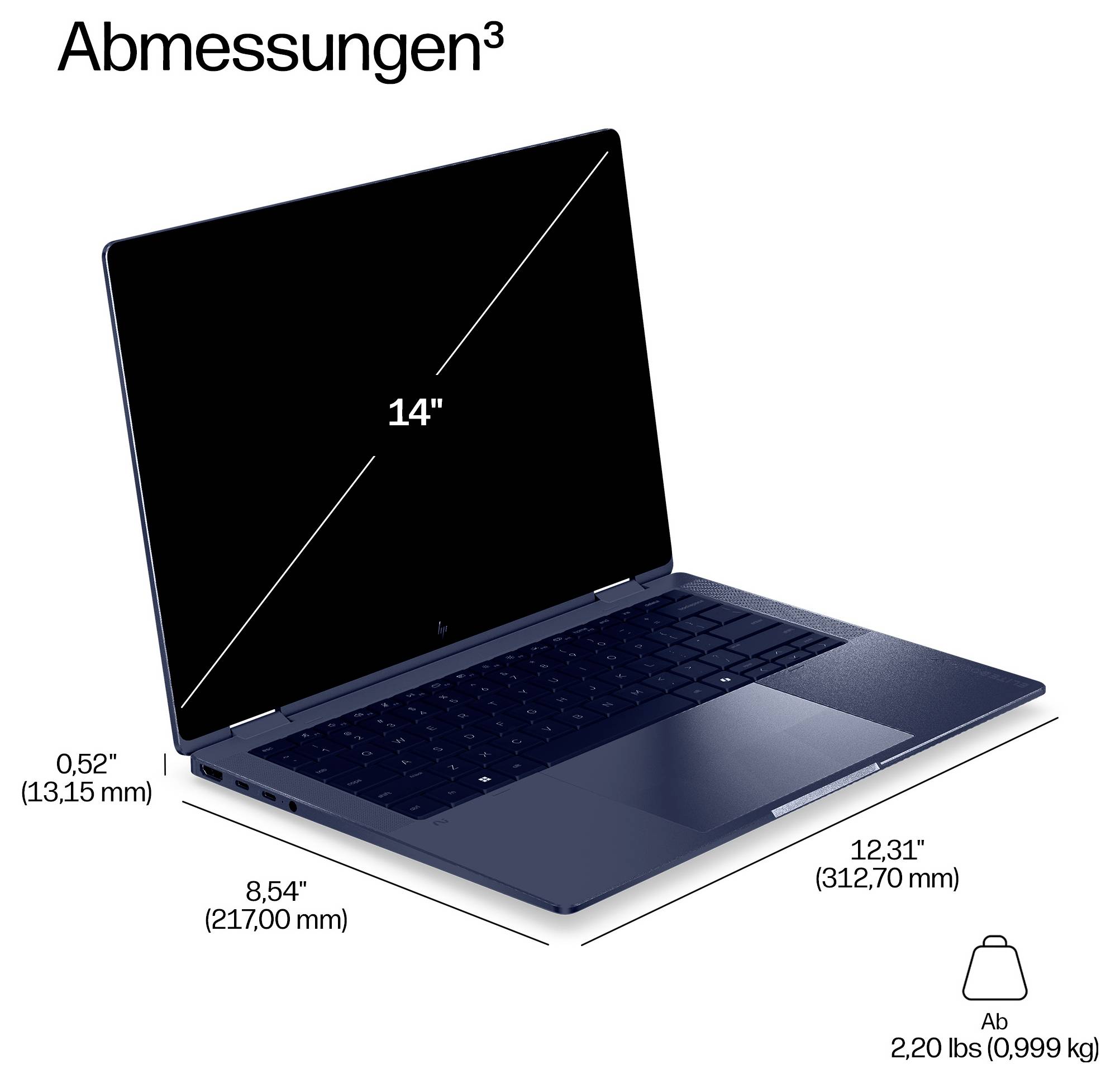 Gekennzeichnete Abmessungen eines 14-Zoll-Laptops: 12,31" x 8,54" x 0,52" und Gewicht 2,20 lbs (0,999 kg).
