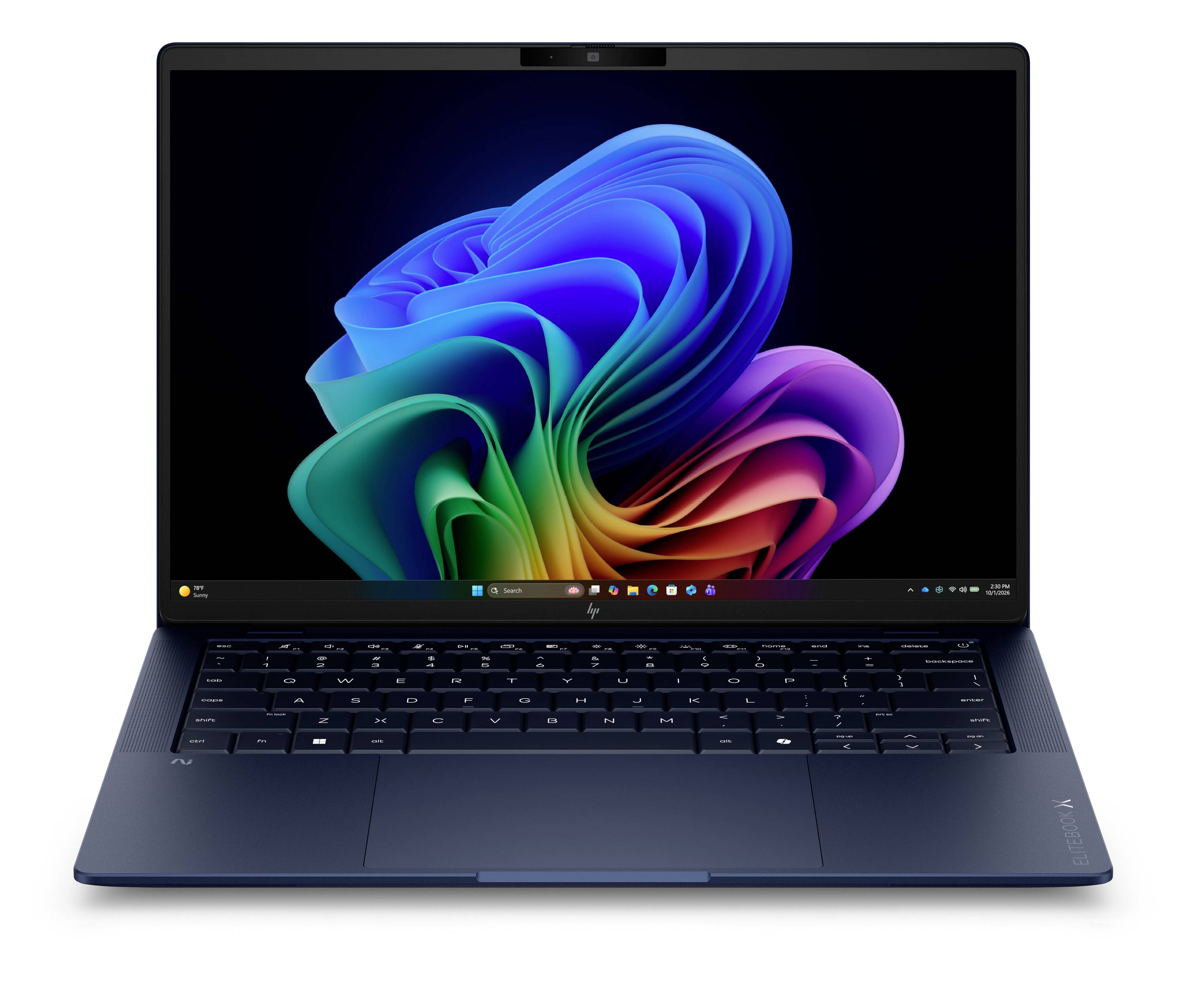 Ein dunkelblauer Laptop, der geöffnet ist, mit einem farbenfrohen abstrakten Windows-ähnlichen Hintergrundbild auf dem Bildschirm, von vorne dargestellt vor einem weißen Hintergrund.