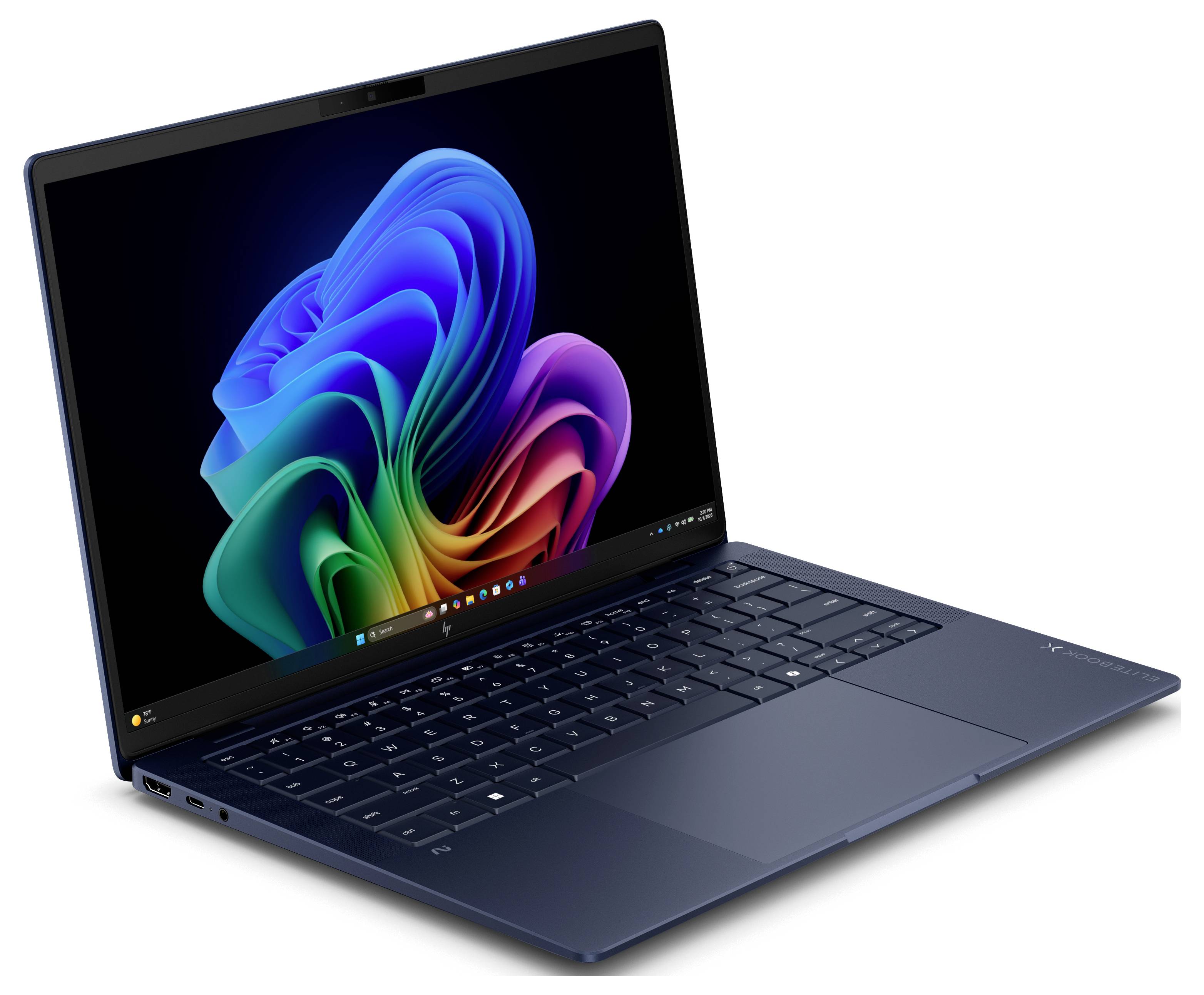 Offener Laptop mit einem Windows-ähnlichen bunten abstrakten Hintergrundbild auf dem Bildschirm.
