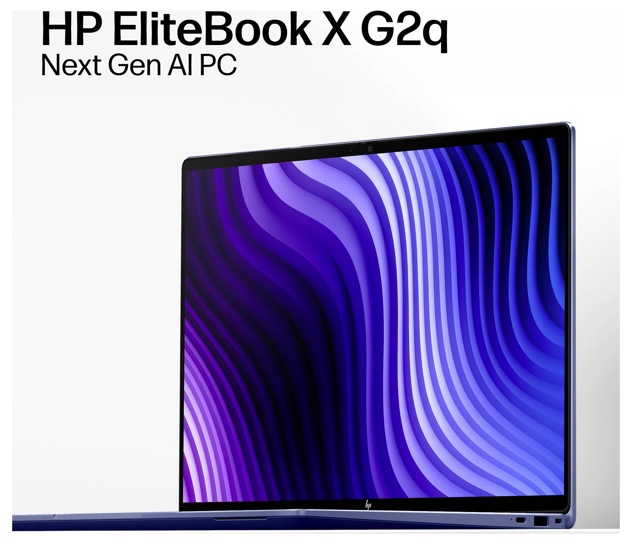 HP EliteBook X G2q Laptop aufgeklappt mit blauem und violettem abstraktem Bildschirm, beschriftet mit "Next Gen AI PC".