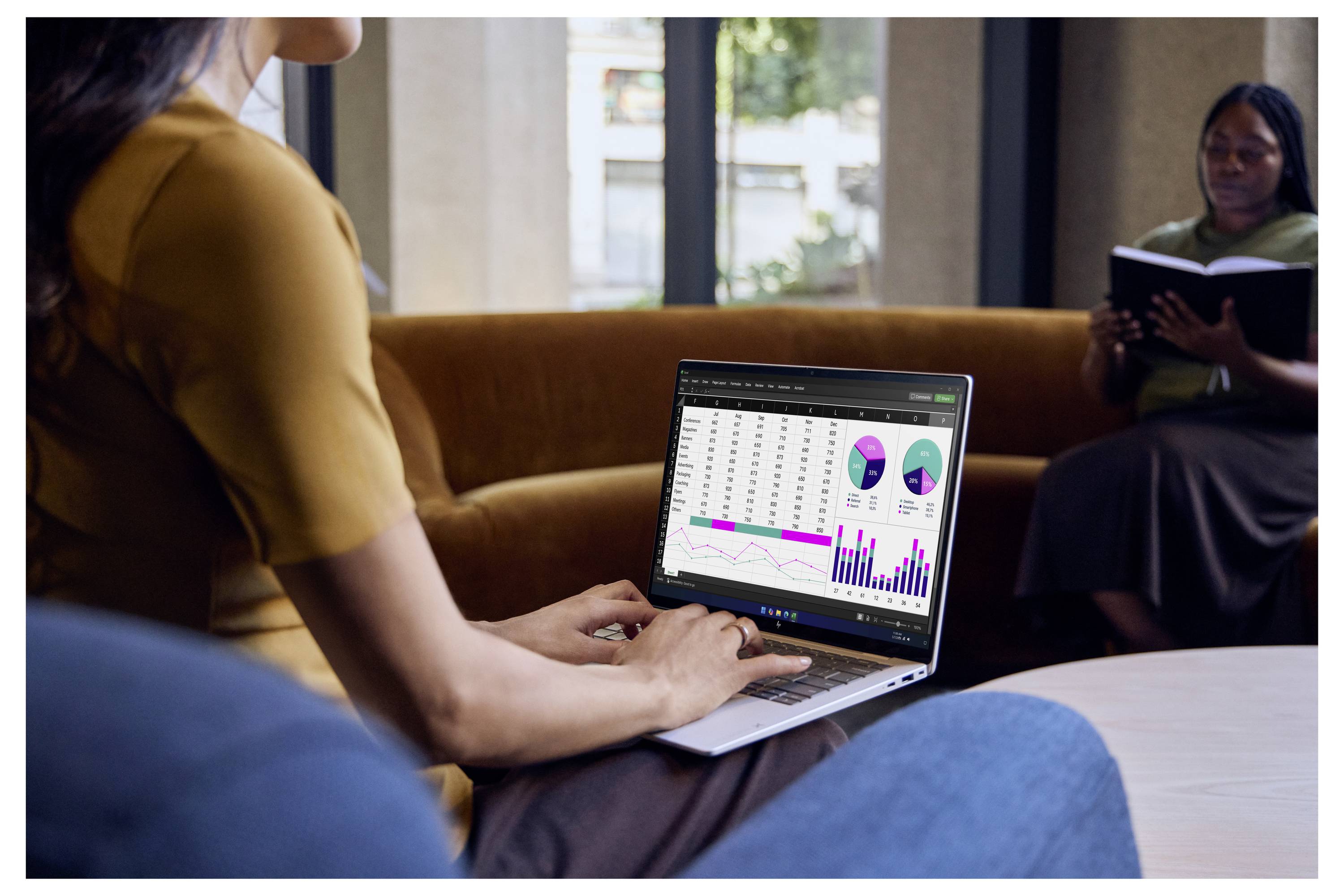 Person, die einen Laptop mit angezeigten Diagrammen und Grafiken nutzt, während sie auf einem Sofa sitzt, mit einer anderen Person, die im Hintergrund liest.