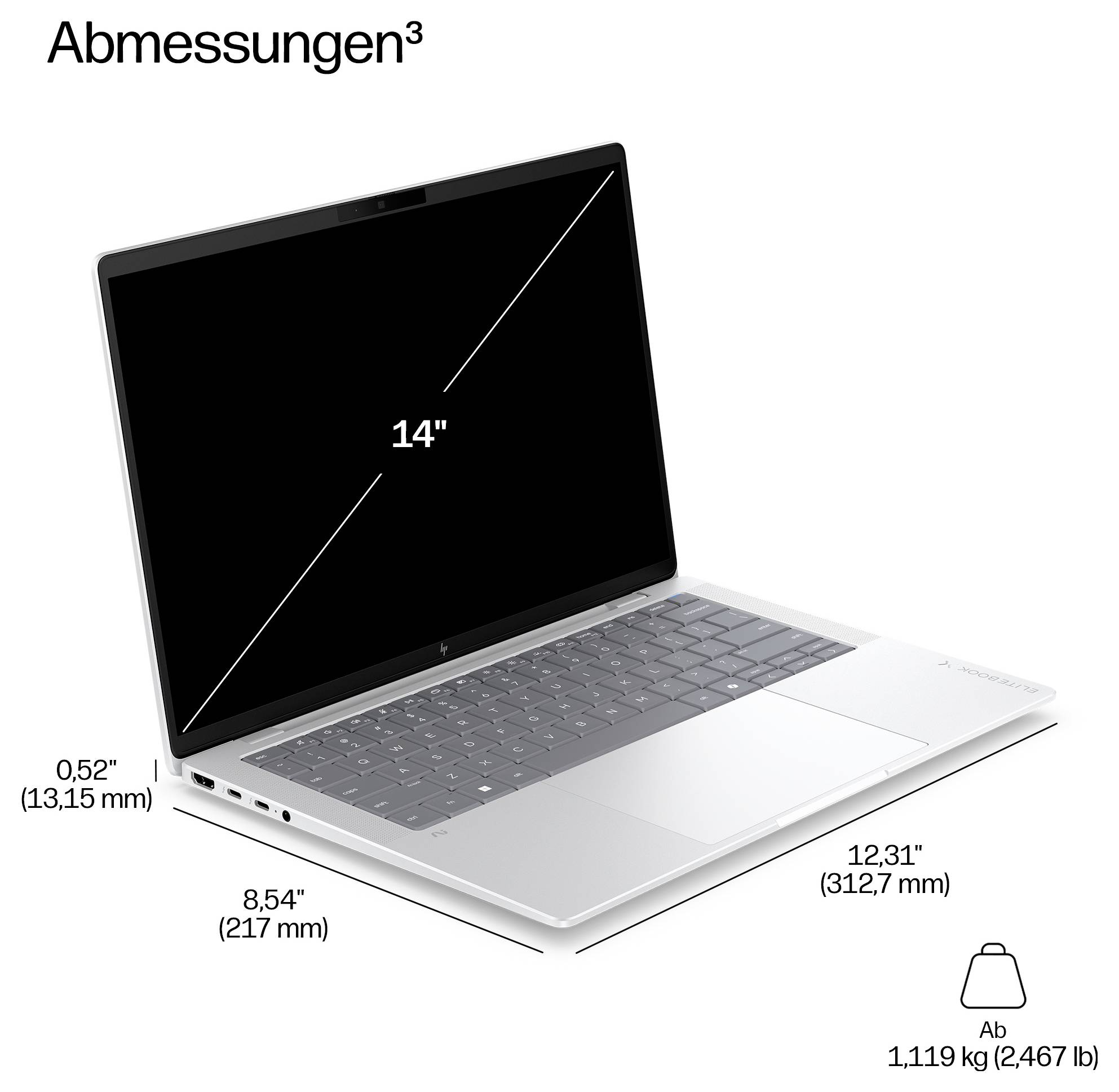 Diagramm eines offenen 14-Zoll-Laptops mit den folgenden Abmessungen: 12,31 x 8,54 Zoll, 0,52 Zoll Dicke und Startgewicht 1,119 kg.