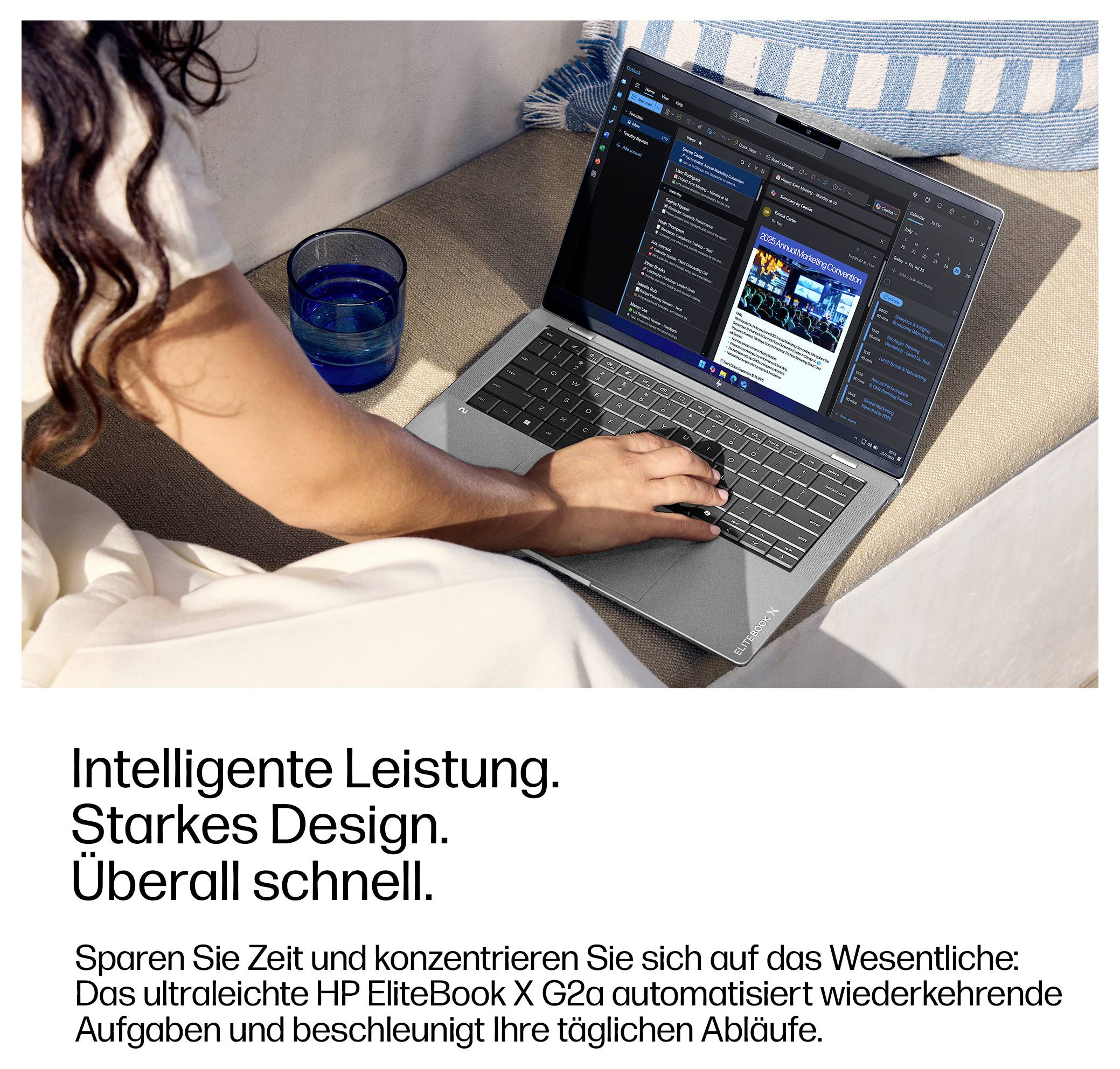 Frau nutzt einen HP EliteBook X G2 Laptop; Deutsche Anzeige sagt „Intelligente Leistung. Starkes Design. Überall schnell.