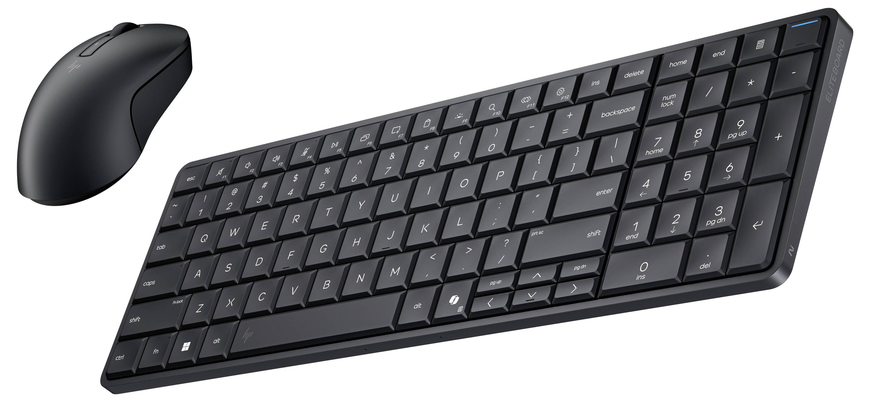 Schwarzes kabelloses Tastatur- und Mausset, das auf weißem Hintergrund angezeigt wird, angewinkelt, um die Tastatur und die passende Maus zu zeigen.