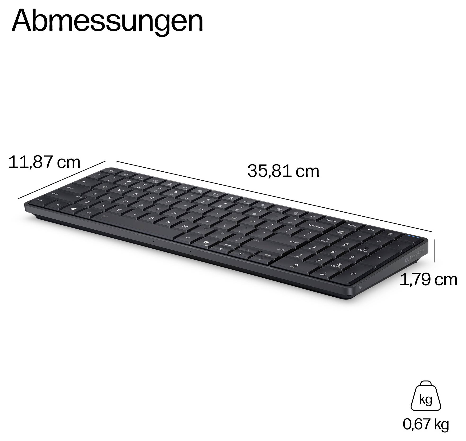 Diagramm mit Tastaturabmessungen: 35,81 cm breit, 11,87 cm tief, 1,79 cm hoch, Gewicht 0,67 kg.