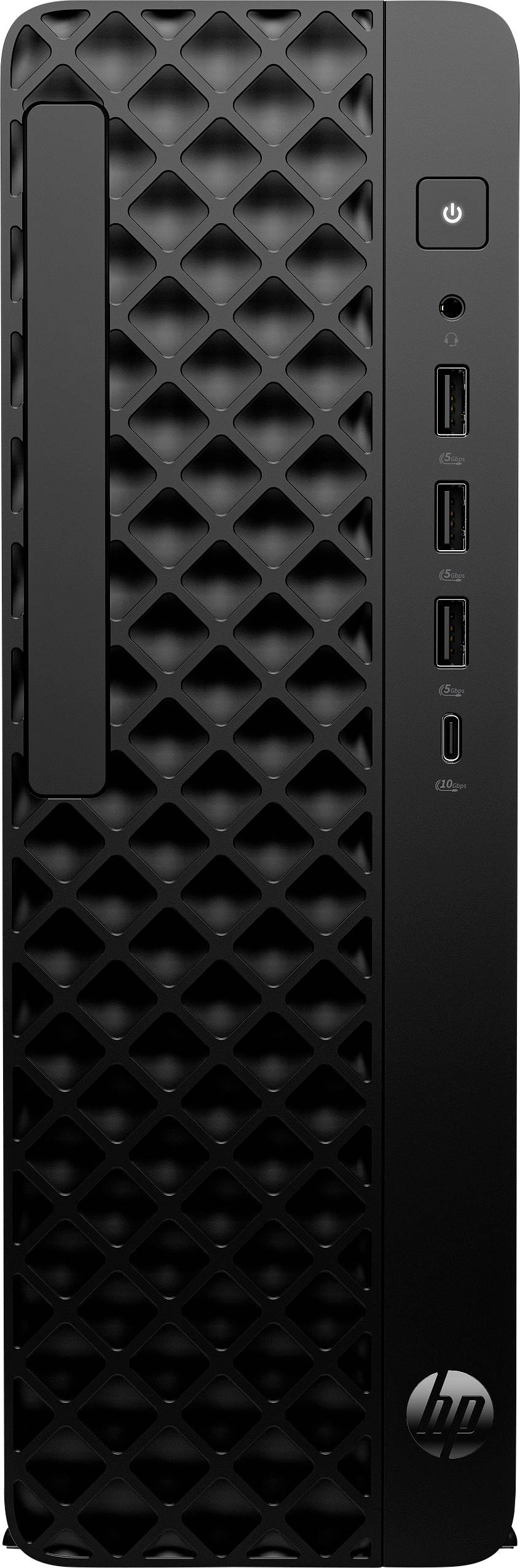 Vorderansicht eines HP-Desktop-Towers mit schwarzem strukturiertem Lüftungspanel, Ein-/Ausschalter, Anschlüssen und HP-Logo.