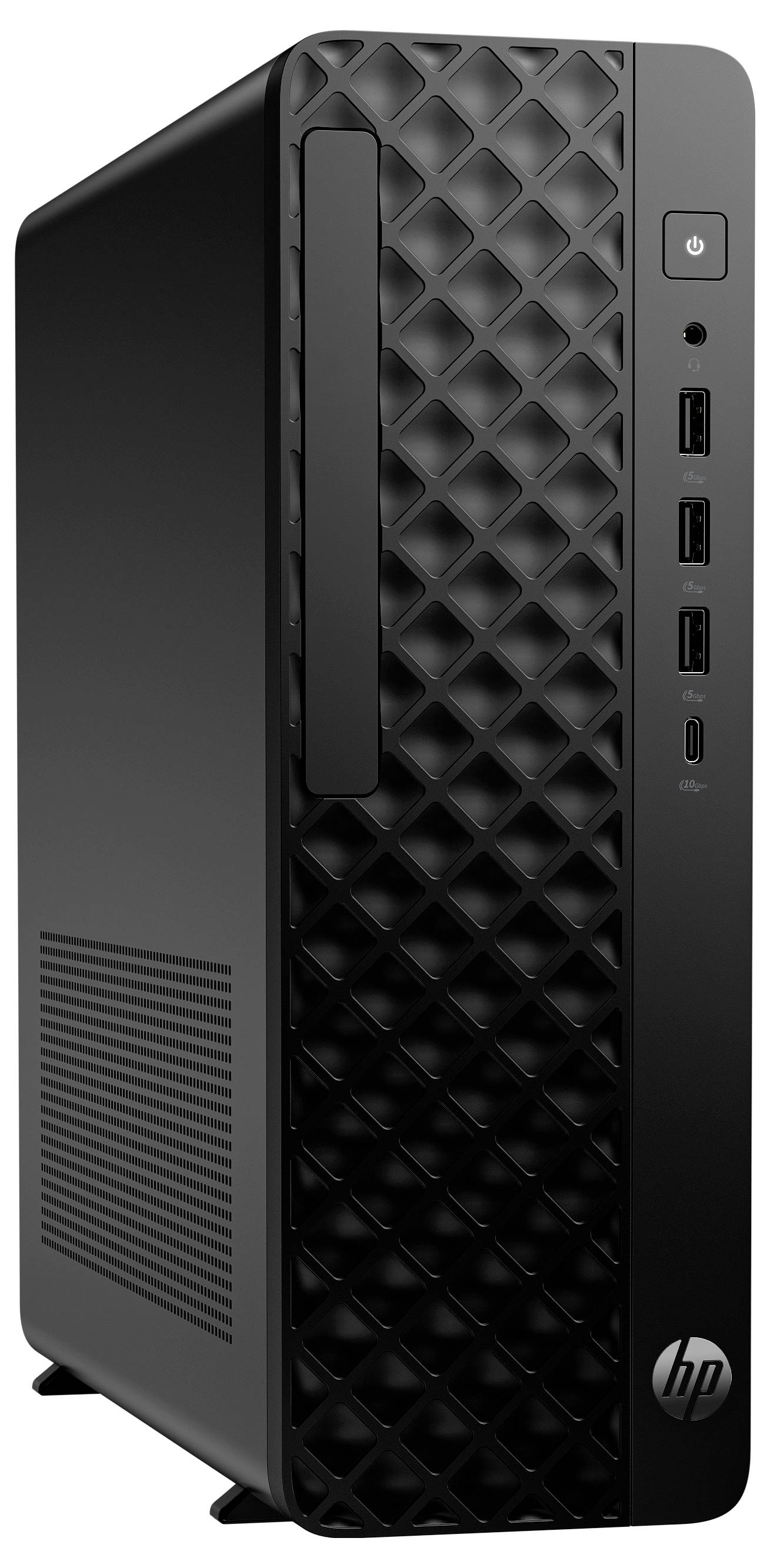 Schwarzes HP-Desktop-Tower-Computergehäuse mit strukturierter Frontblende, Netztaste und vorderen USB- und Audioanschlüssen.