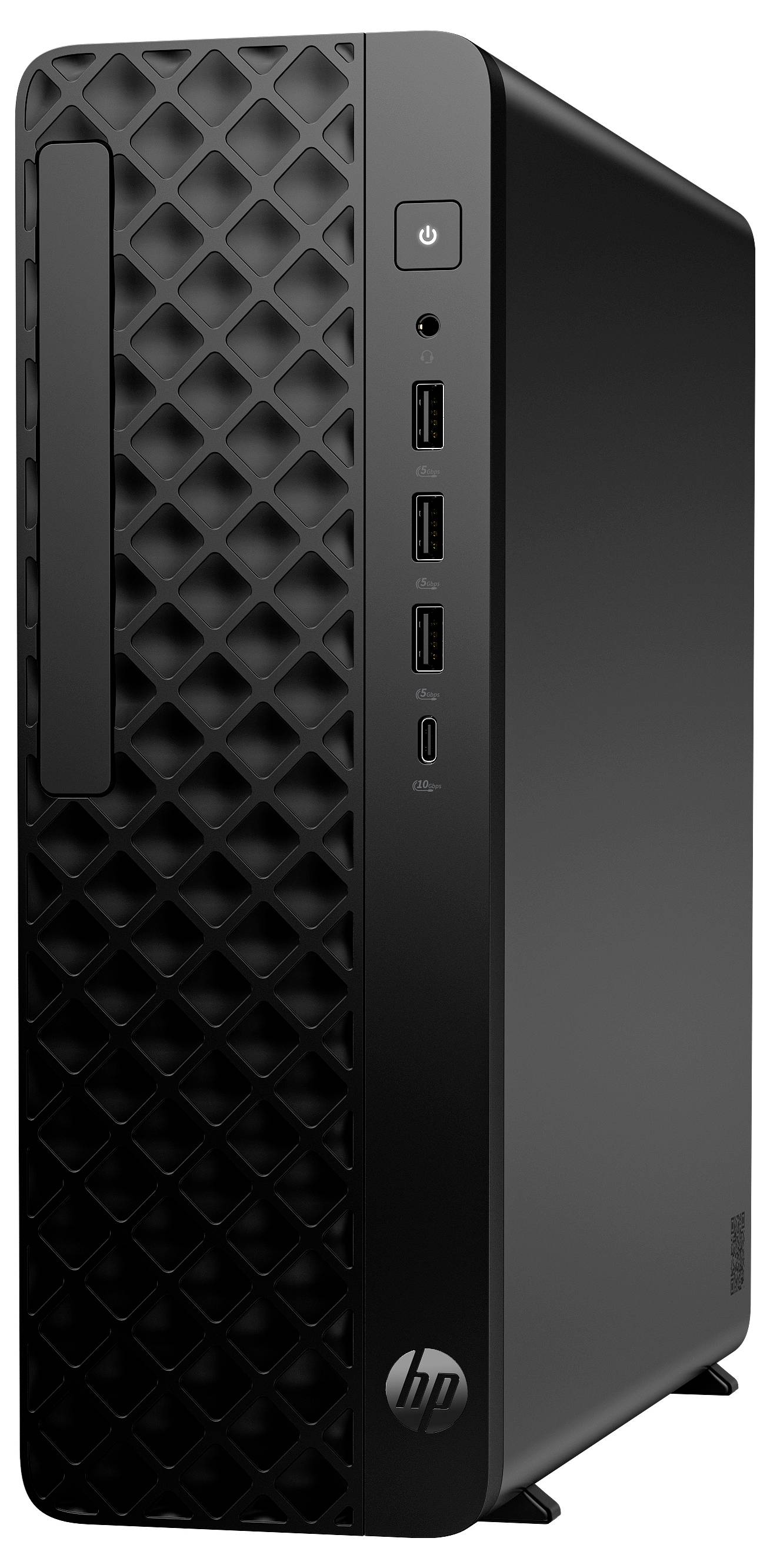 Vorderansicht eines schwarzen HP-Desktop-Turms mit rautengemustertem belüftetem Frontpaneel, Ein-/Ausschalter, USB-Anschlüssen und HP-Logo.
