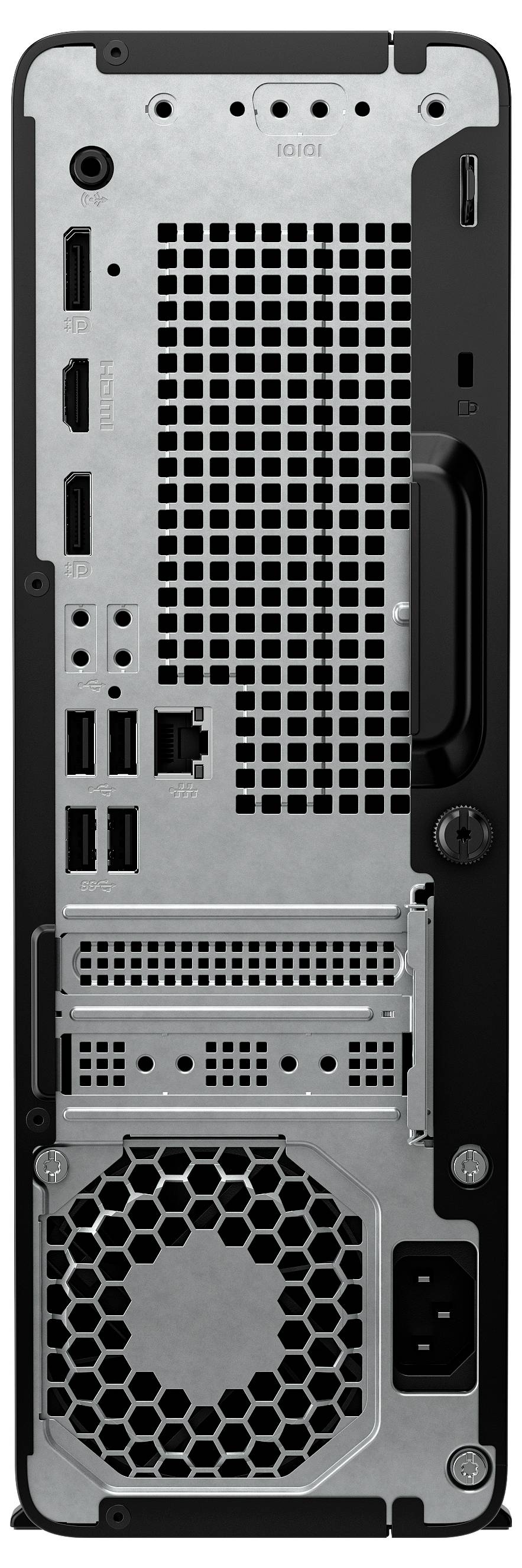 Rückansicht eines Computer-Desktop-Turms mit dem Metallrückblech mit Belüftungsgitter, Erweiterungssteckplätzen, Anschlüssen und dem Bereich des Stromversorgungslüfters.
