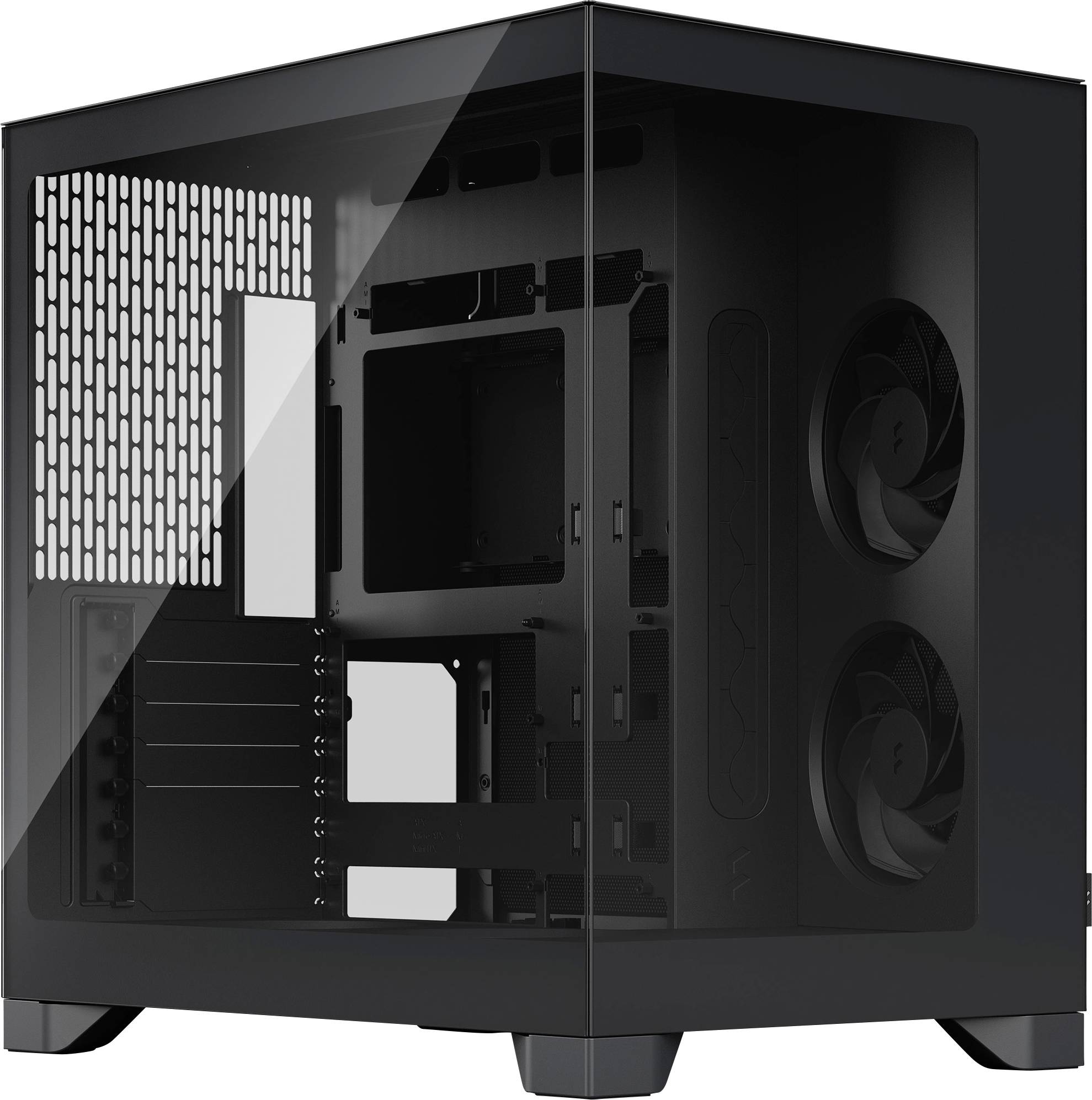 Schwarzes Desktop-PC-Tower-Gehäuse mit gehärteter Glasseitenwand, Mesh-Front und zwei vorderen Lüftern, innen leer gezeigt.