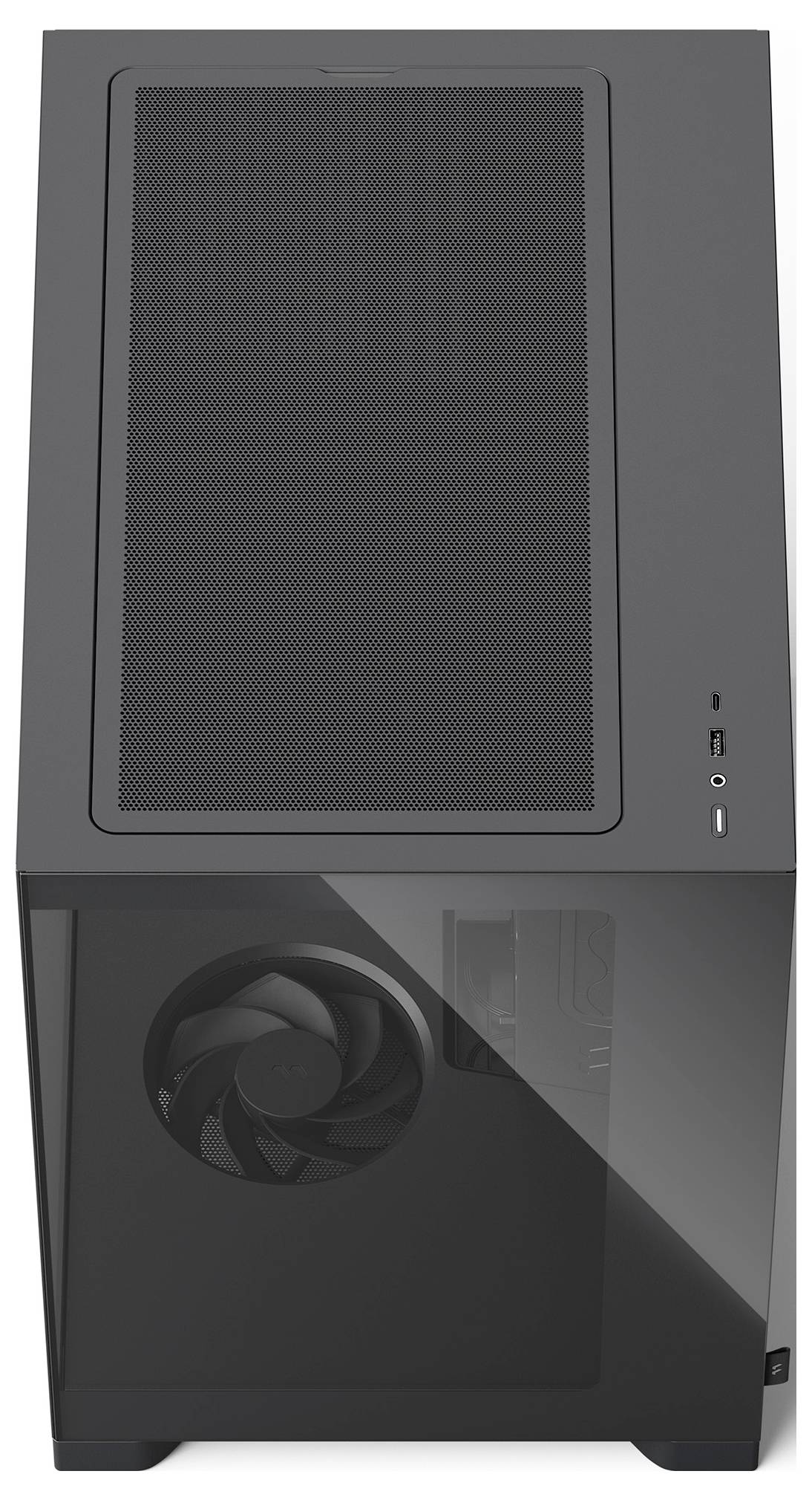 Schwarzes Computergehäuse mit gehärtetem Glasseitenpanel und zwei vorderen Mesh-Lüftungspanelen, gezeigt vor weißem Hintergrund.