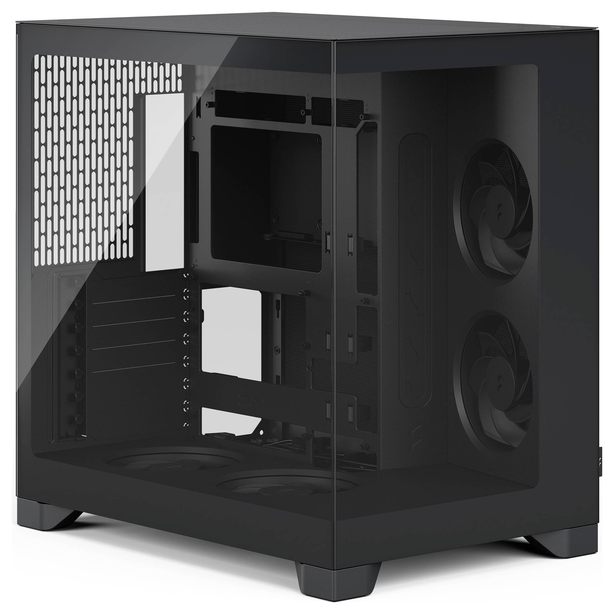 Vorderansicht eines schlanken schwarzen Lenovo-Desktop-Towers mit einem Intel-Logo in der unteren rechten Ecke.