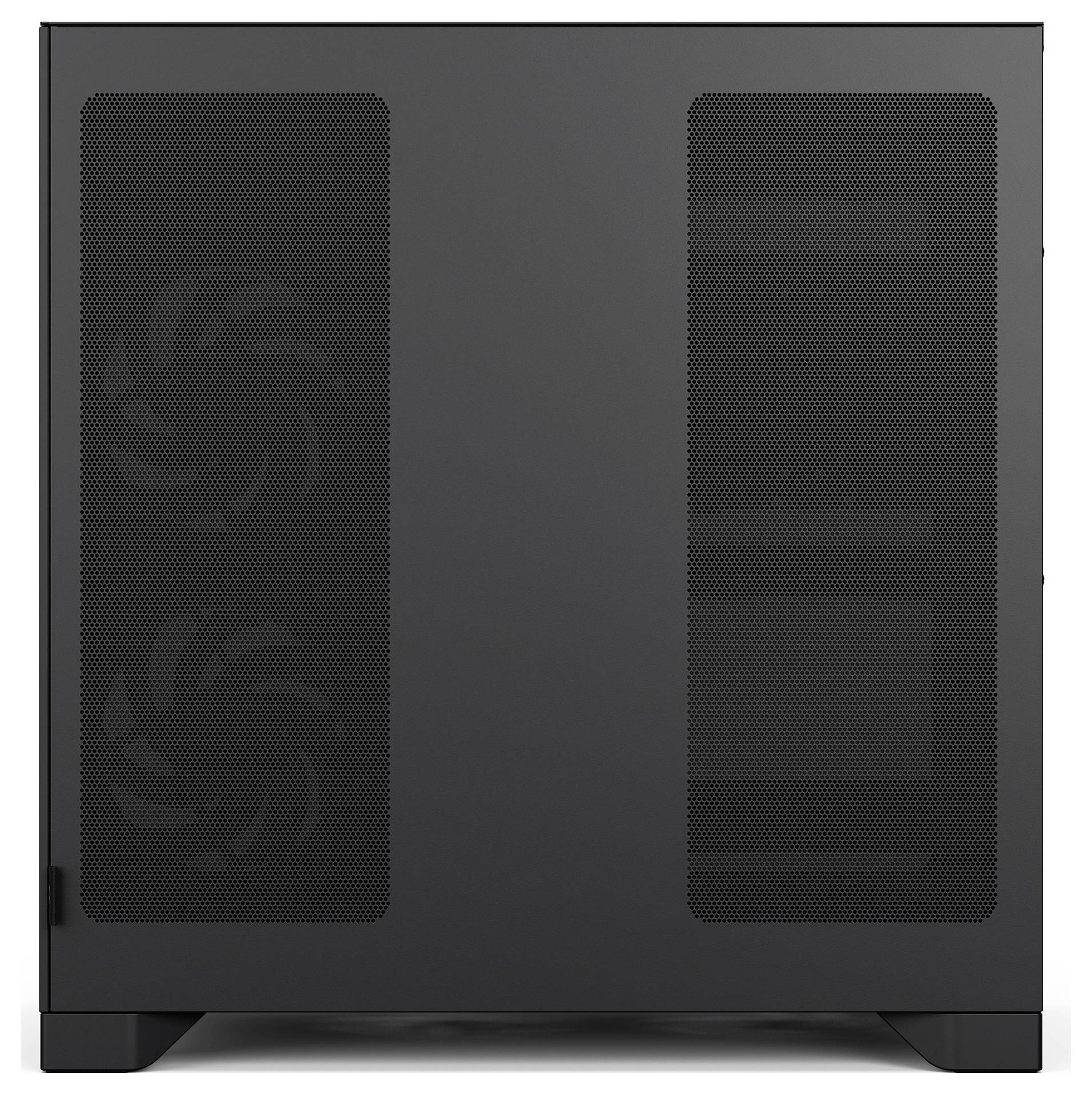 Schwarzes Desktop-Computer-Gehäuse mit zwei vorderen Mesh-Lüftungspanelen und seitlichen Lüftungsöffnungen für Gehäuselüfter, gezeigt auf weißem Hintergrund.