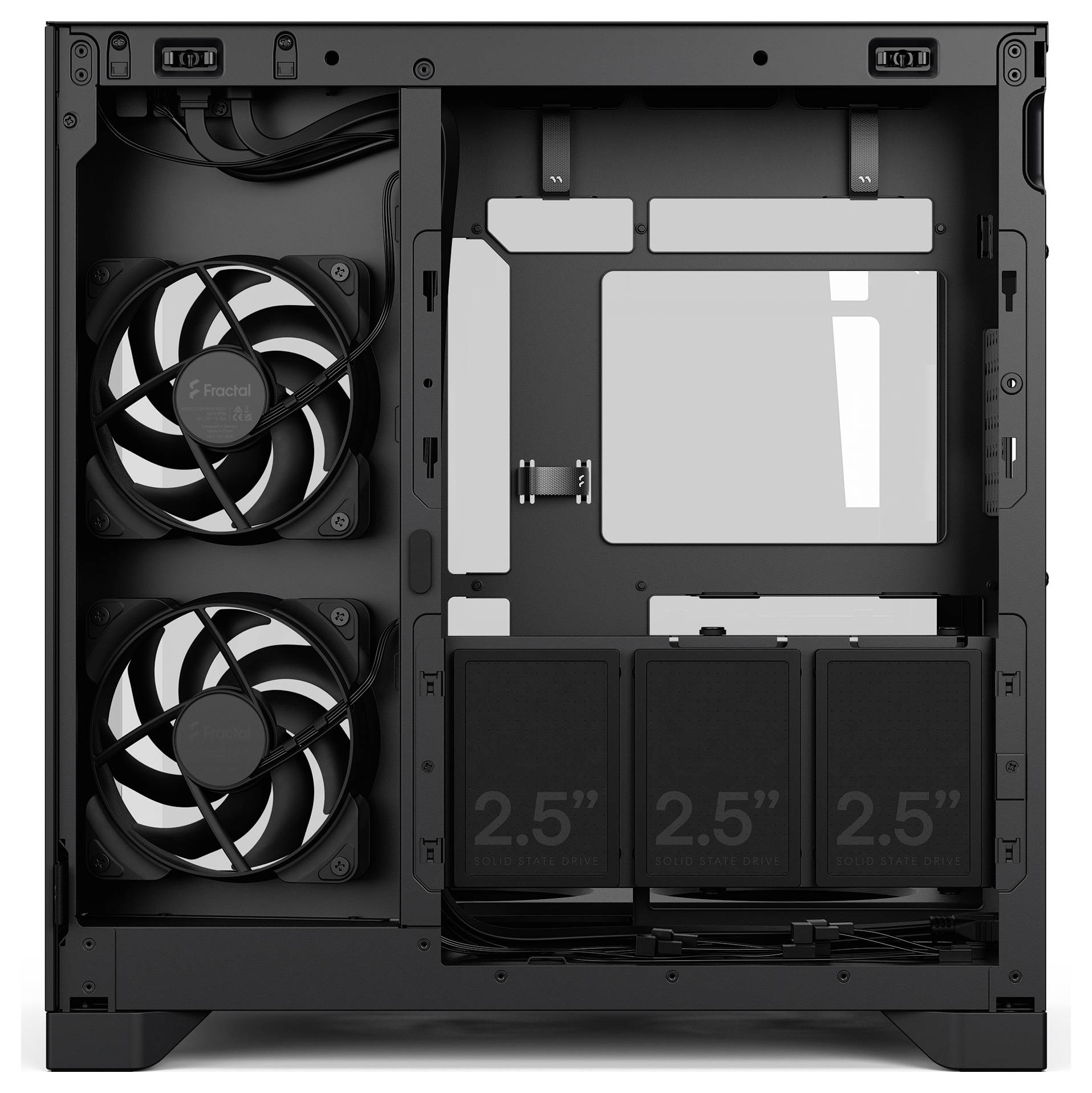 Offenes Computergehäuse mit Innenansicht mit zwei vorderen Lüftern, Motherboard-Träger und drei 2,5-Zoll-Laufwerkschächten; keine Komponenten installiert.