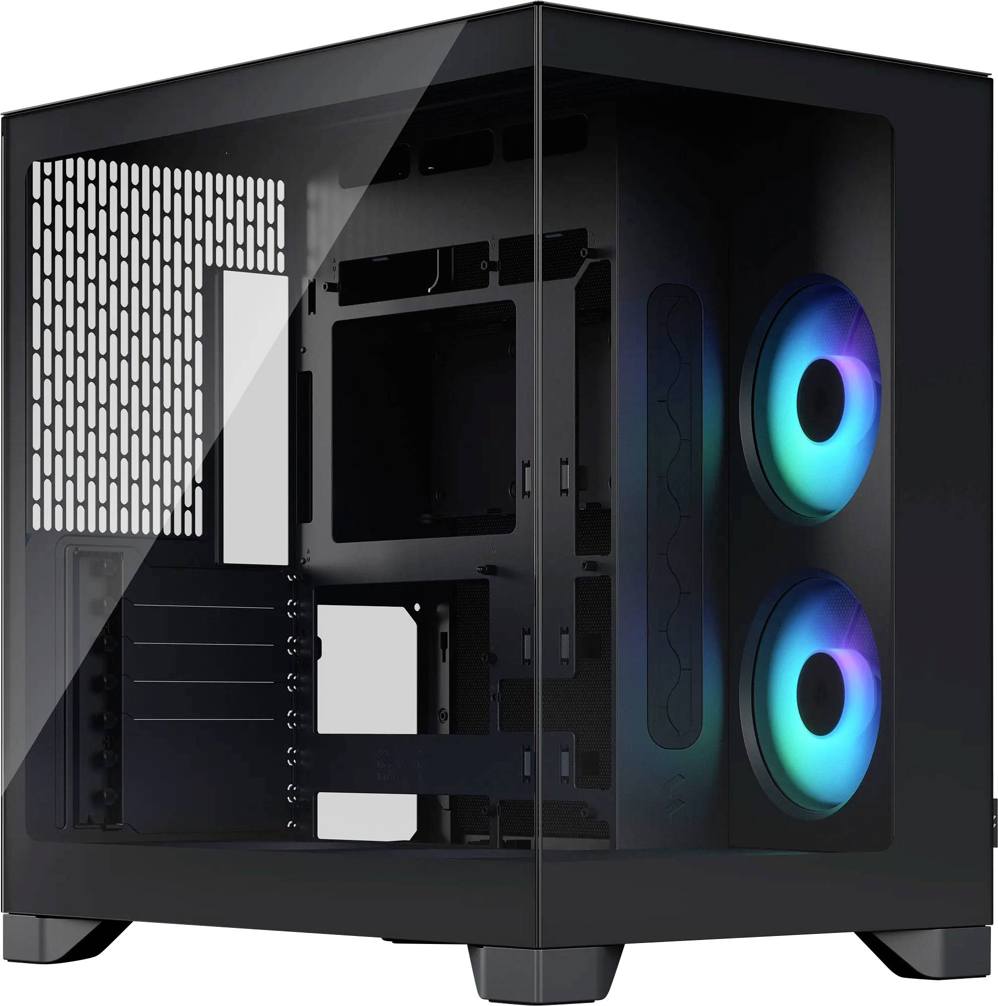 Schwarzes Desktop-PC-Gehäuse mit gehärtetem Glasseitenpanel, zwei blau beleuchteten vorderen Lüftern und sichtbarem internem Montageplatz.