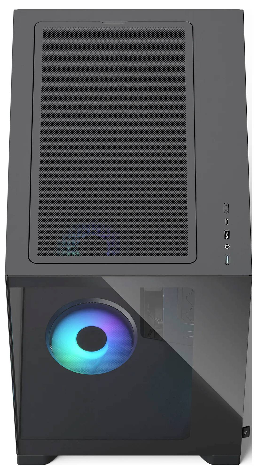 Schwarzer Desktop-PC-Tower mit großem vorderen Mesh-Panel, leuchtendem blauem RGB-Lüfter und vertikal angeordneten Stromanschluss- und USB-Anschlüssen auf der rechten Seite