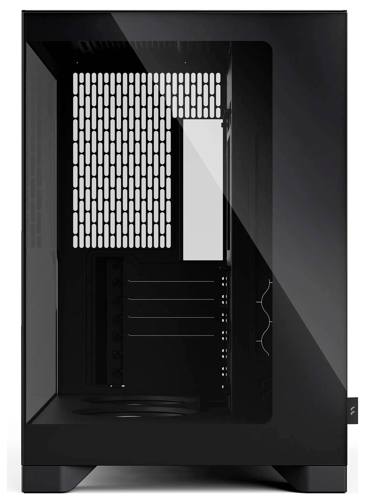 Schwarzes Computergehäuse Vorderansicht mit getöntem Glasseitenpanel und Mesh-Belüftung, zeigt leeres Inneres und minimalistisches Design.