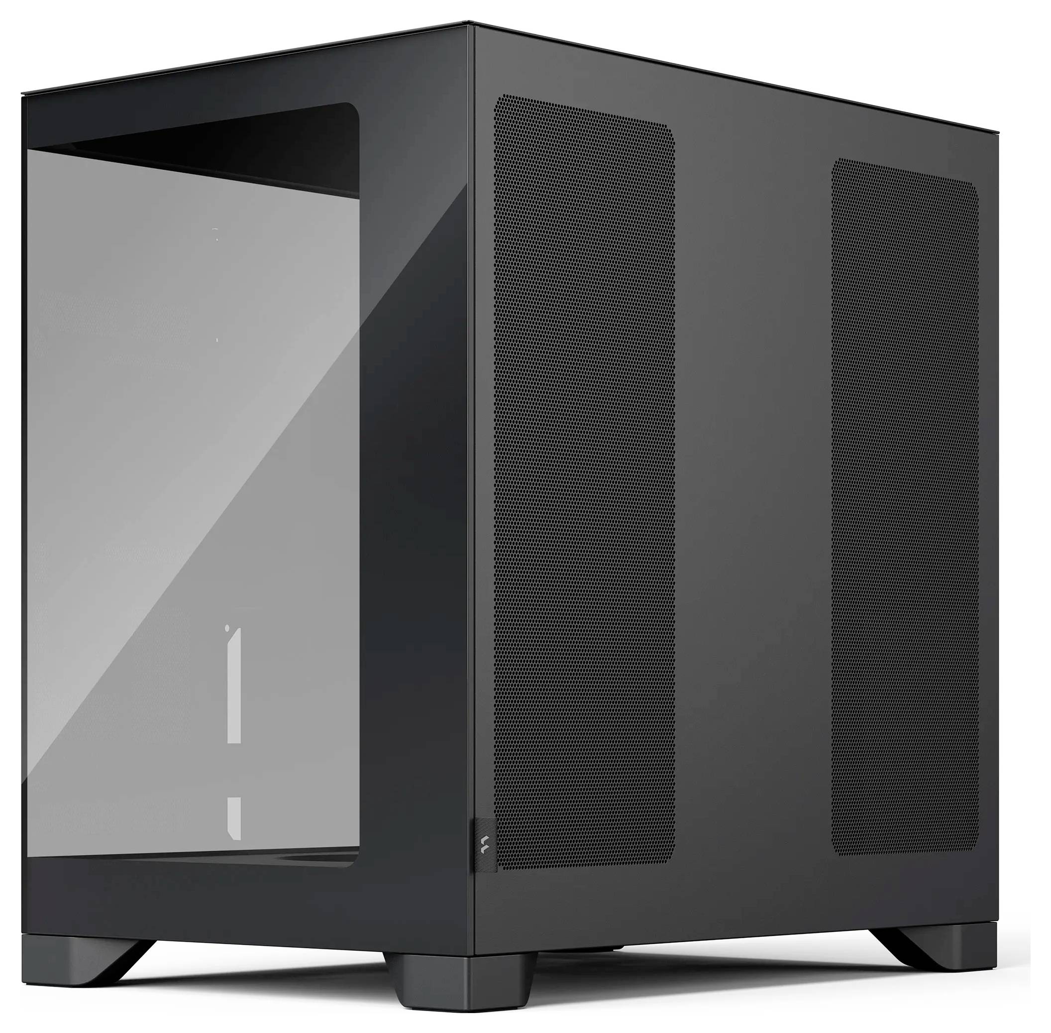 Schwarzes Mid-Tower-Computergehäuse mit gehärtetem Glasseitenpaneel und vorderen Netzbelüftungsöffnungen, auf weißem Hintergrund dargestellt.