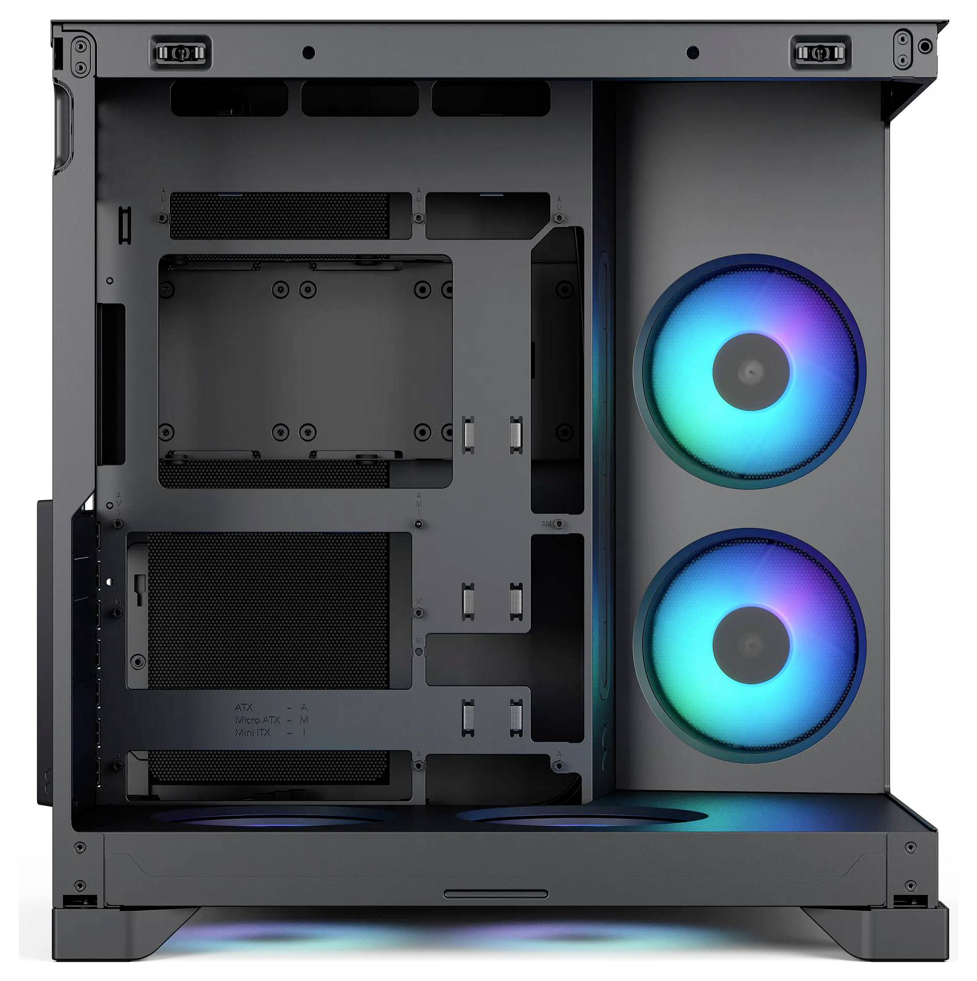 Schwarzes PC-Gehäuse-Inneres mit zwei vorderen RGB-Lüftern, die blau und blaugrün leuchten, mit leeren Laufwerkschächten und Motherboard-Montagebereich.