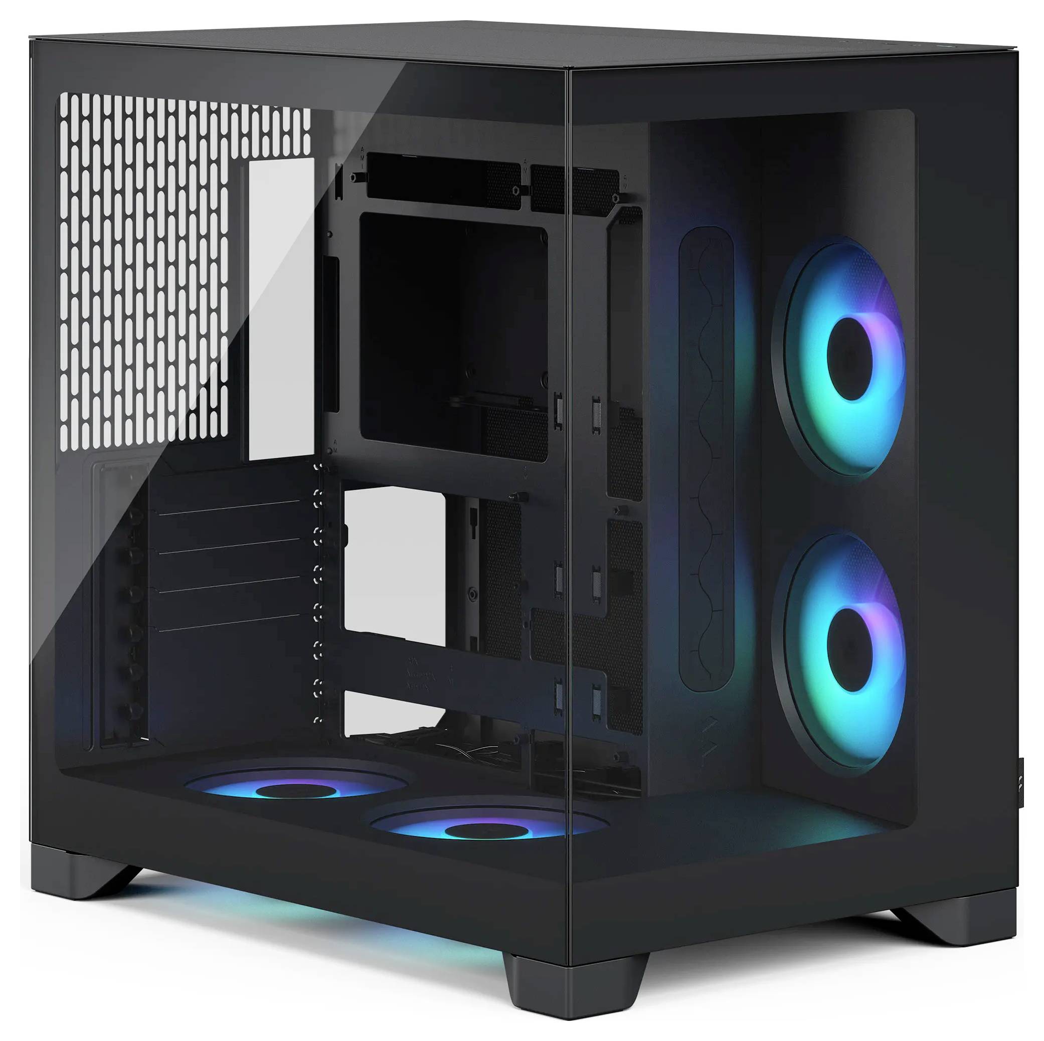 Zwei blaue Geekom Mini-PCs, einer horizontal und einer vertikal ausgerichtet, zeigen vordere USB-Anschlüsse, Netzschalter und schlanke, kompakte Metallgehäuse.