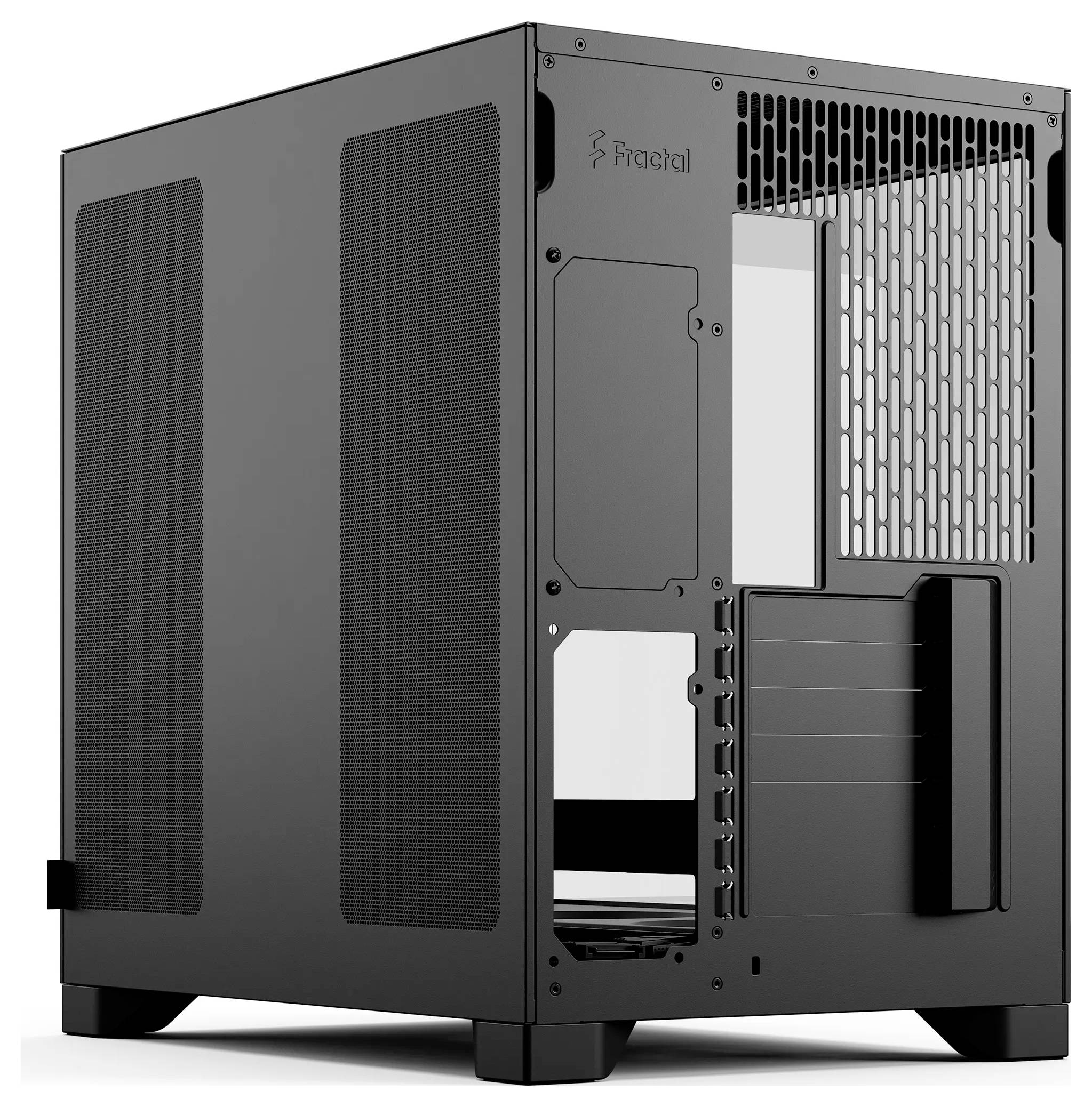 Schwarzes Fractal-PC-Gehäuse mit Mesh-Front- und Seitenpaneelen, zeigt Front-I/O-Anschlüsse und internen Festplattenschachtbereich.
