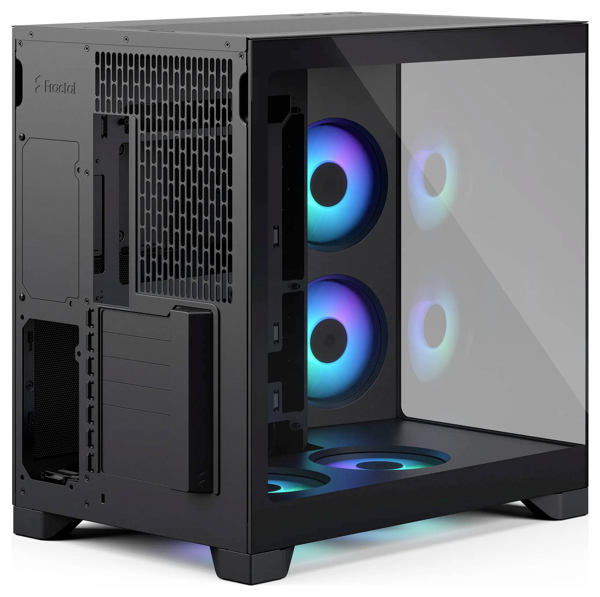 Schwarzes Desktop-PC-Gehäuse mit getöntem Seitenpanel, das drei leuchtende blau-violette RGB-Lüfter im Inneren zeigt.