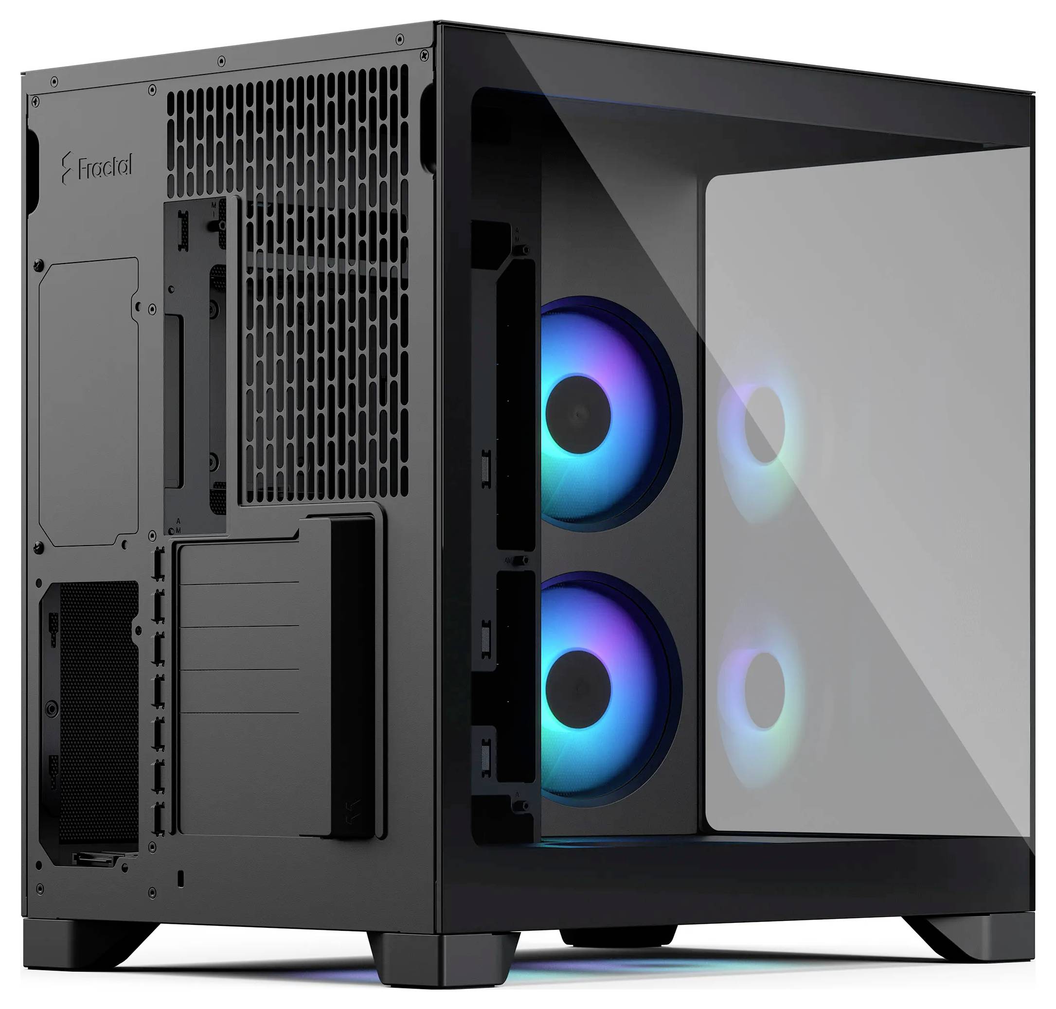 Schwarzes Fractal Design PC-Gehäuse mit gehärteltem Glasseitenpanel und zwei leuchtenden blauen RGB-Frontlüftern.