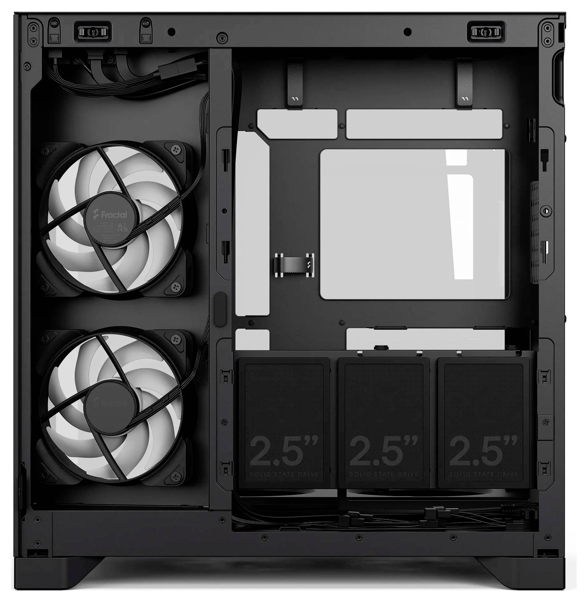 PC-Gehäuseinneres mit zwei vorderen Kühlventilatoren, Motherboard-Träger und drei 2,5-Zoll-Laufwerk-Schächte.