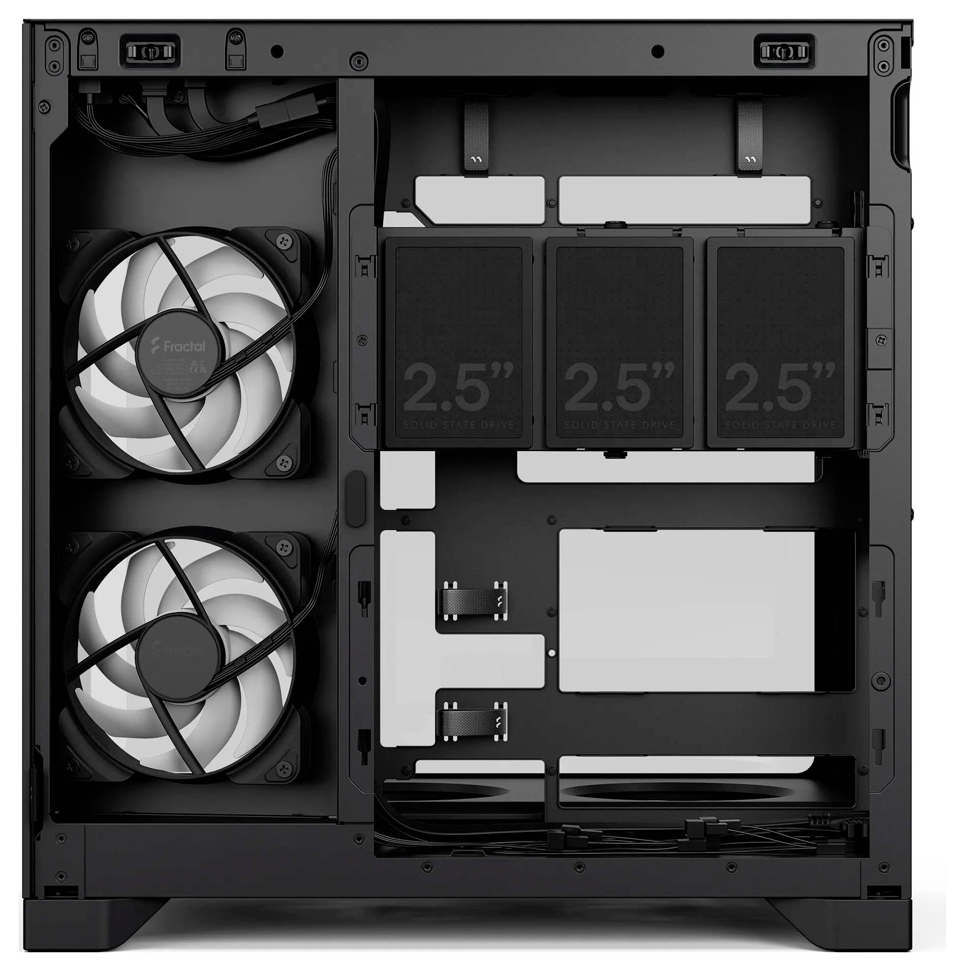 Vorderansicht des PC-Gehäuse-Innenraums mit zwei großen Kühlungsventilatoren, drei 2,5-Zoll-Festplattenschächten und Montageplatz für Komponenten und Kabel.