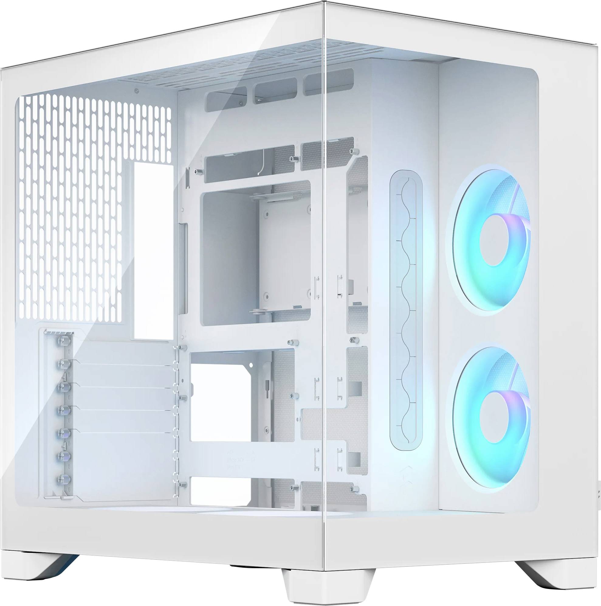 Weiß-schwarzes Desktop-PC-Gehäuse mit gehärtetem Glasseitenpanel und zwei blaubeleuchteten Kühlern, von innen leer gezeigt.